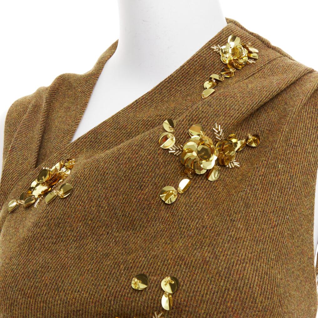 rare SHUSHU TONG Backless brown wool gold sequin fit flare dress UK6 XS For Sale 1