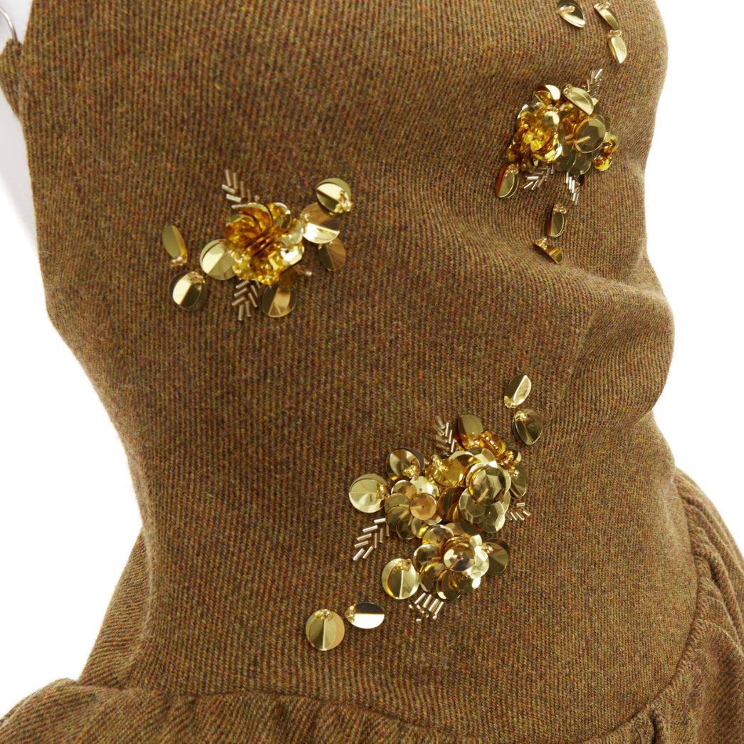 rare SHUSHU TONG Backless brown wool gold sequin fit flare dress UK6 XS For Sale 2