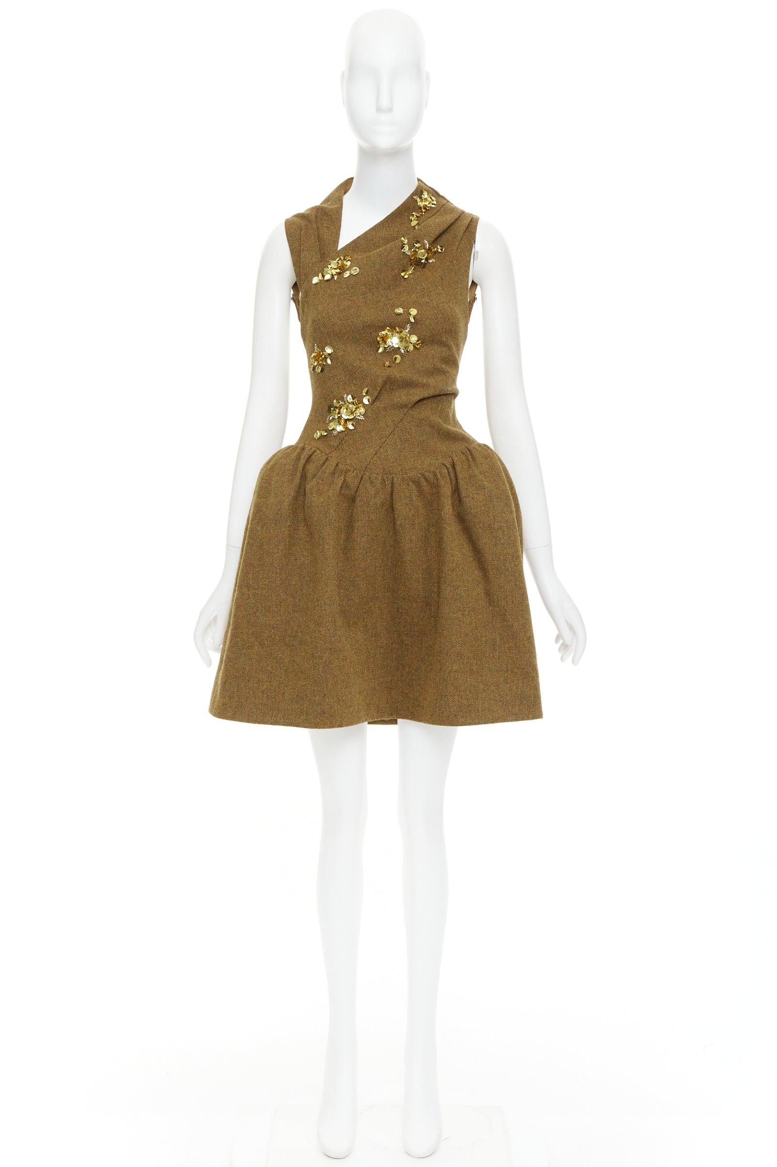 rare SHUSHU TONG Backless brown wool gold sequin fit flare dress UK6 XS For Sale 4