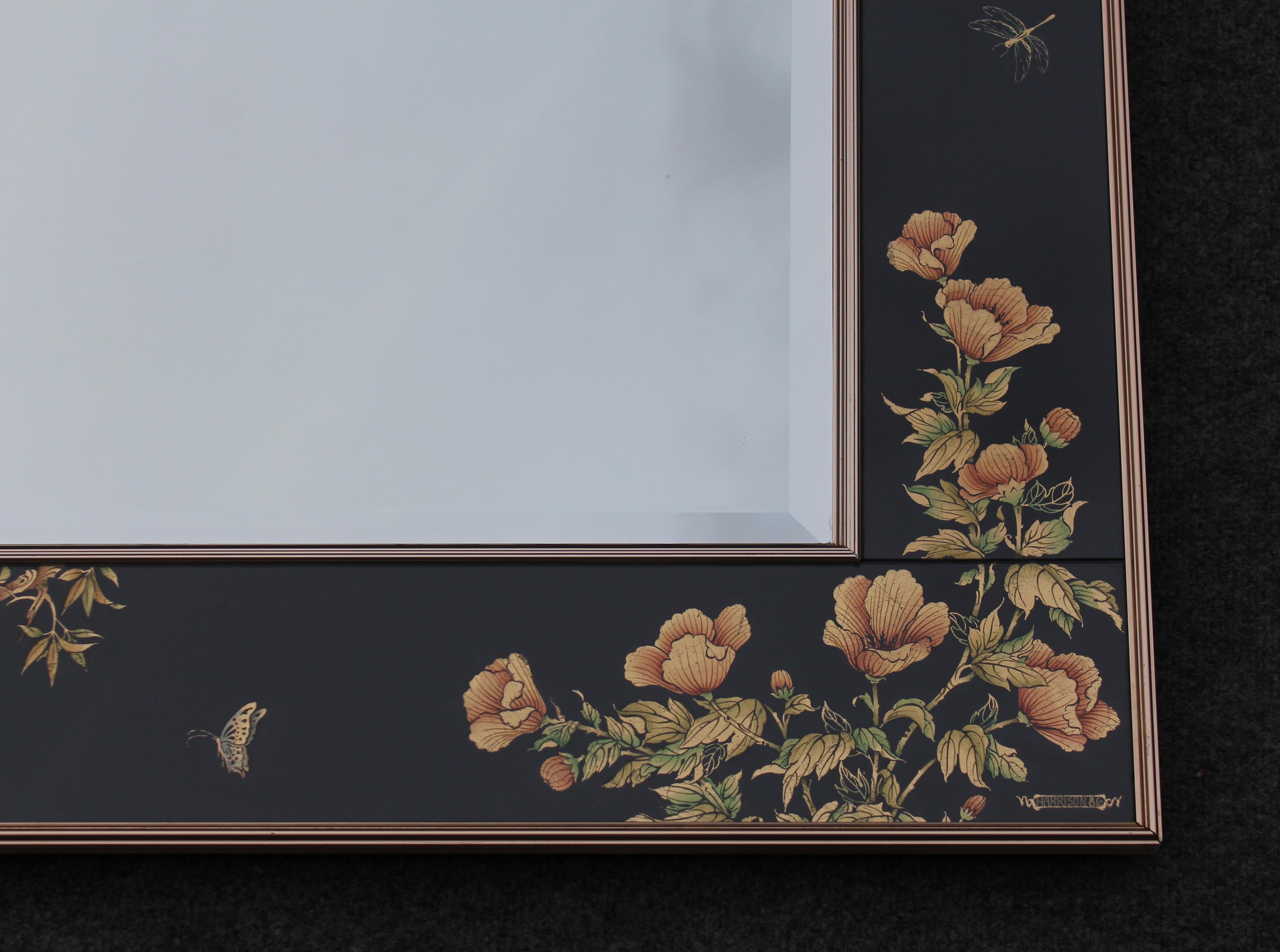 American Rare Signed and Dated LaBarge Vintage Hand Reverse Painted Chinoiserie Mirror  For Sale
