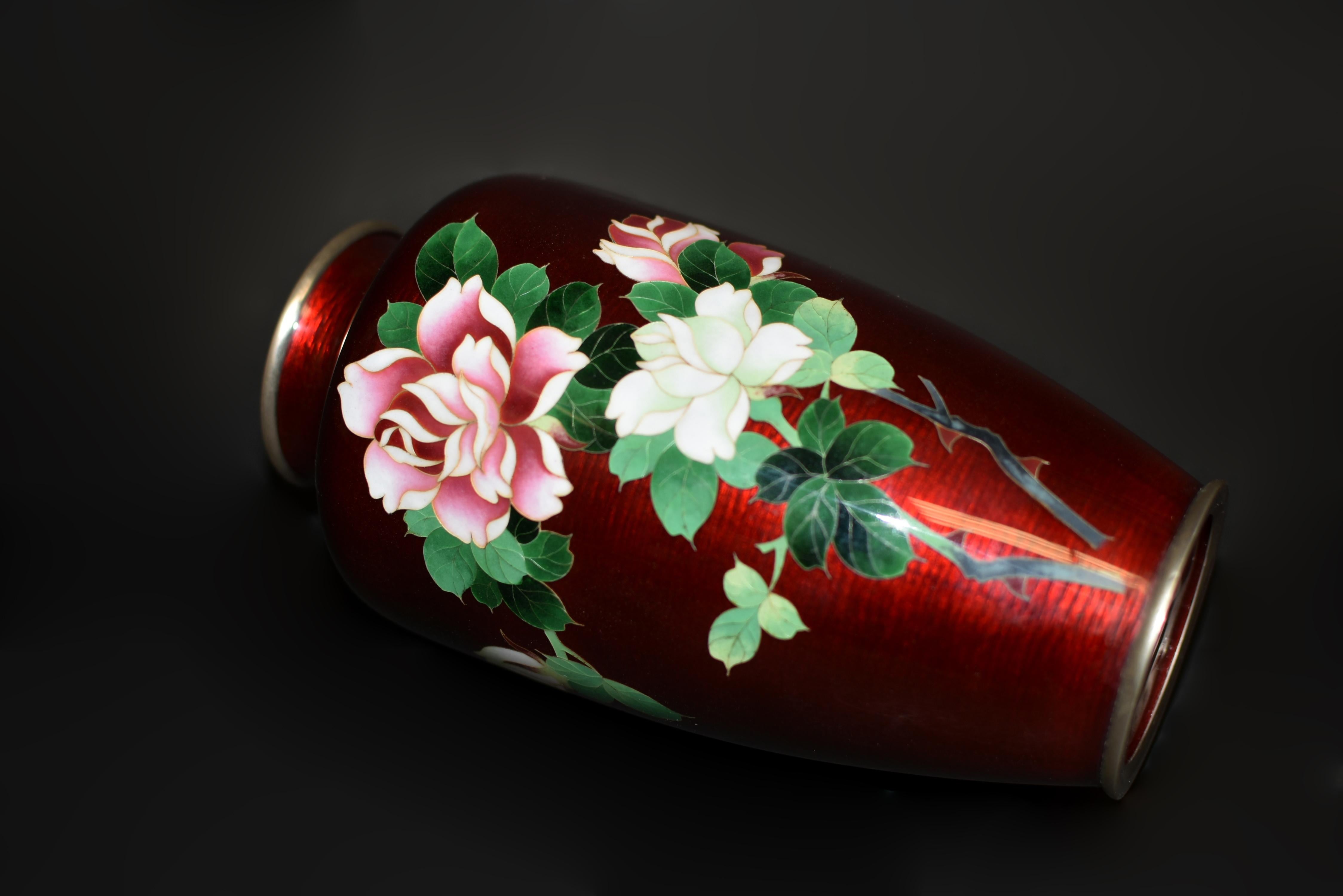 Rare Signed Ando Jubei Ginbari Red Japanese Cloisonne Vase Roses 9