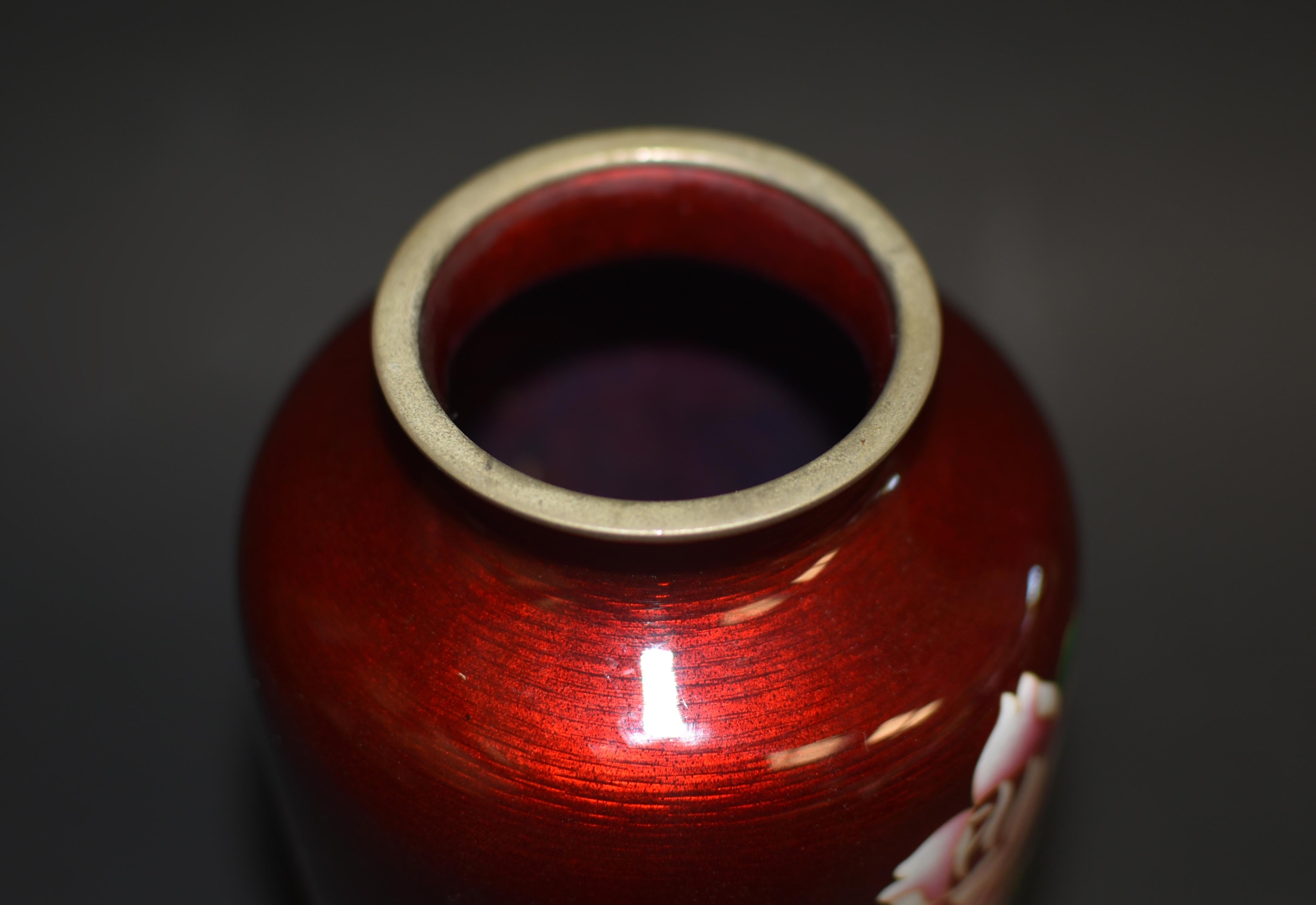 Rare Signed Ando Jubei Ginbari Red Japanese Cloisonne Vase Roses 9
