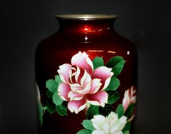 Rare Signed Ando Jubei Ginbari Red Japanese Cloisonne Vase Roses 9"