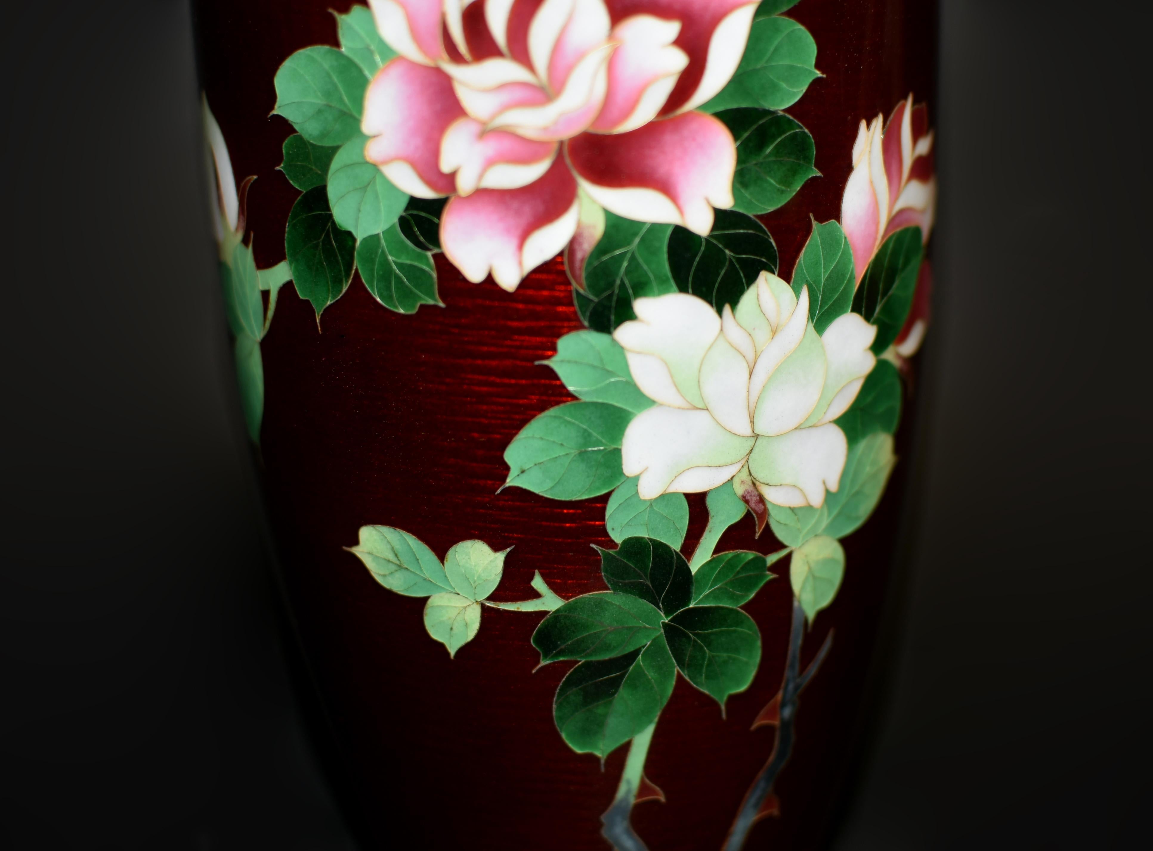 Showa Rare Signed Ando Jubei Ginbari Red Japanese Cloisonne Vase Roses 9