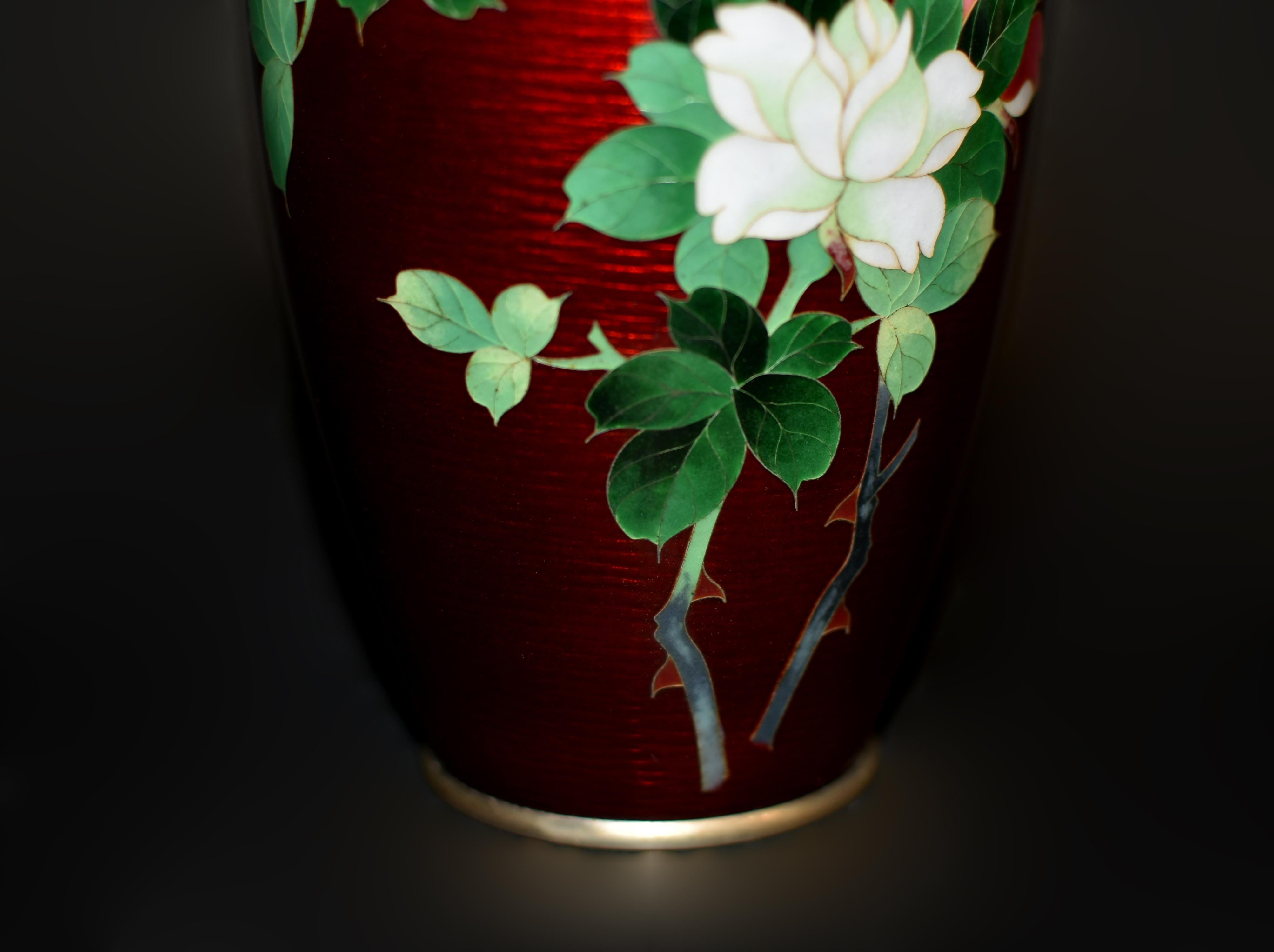 Hand-Painted Rare Signed Ando Jubei Ginbari Red Japanese Cloisonne Vase Roses 9