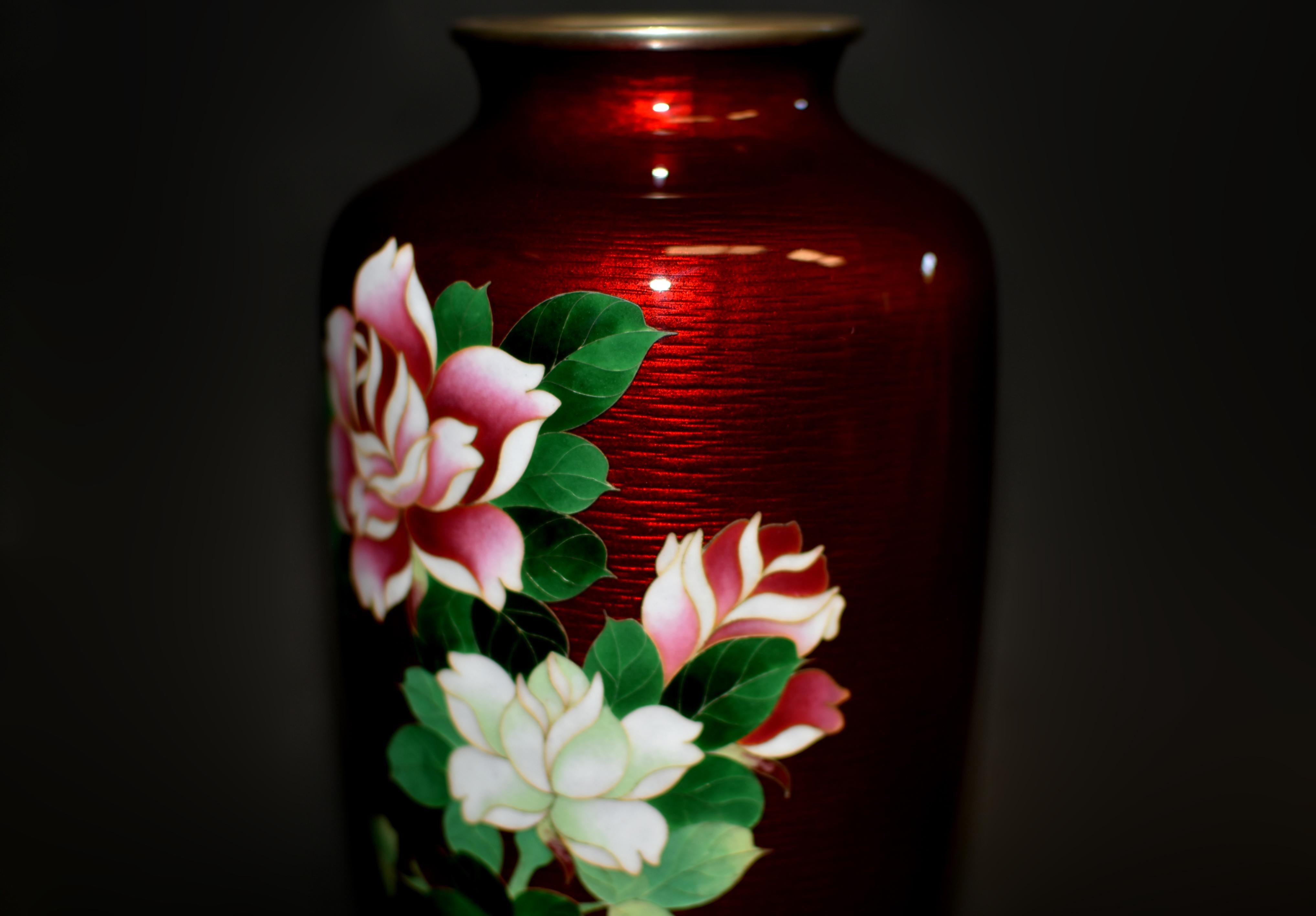 Rare Signed Ando Jubei Ginbari Red Japanese Cloisonne Vase Roses 9