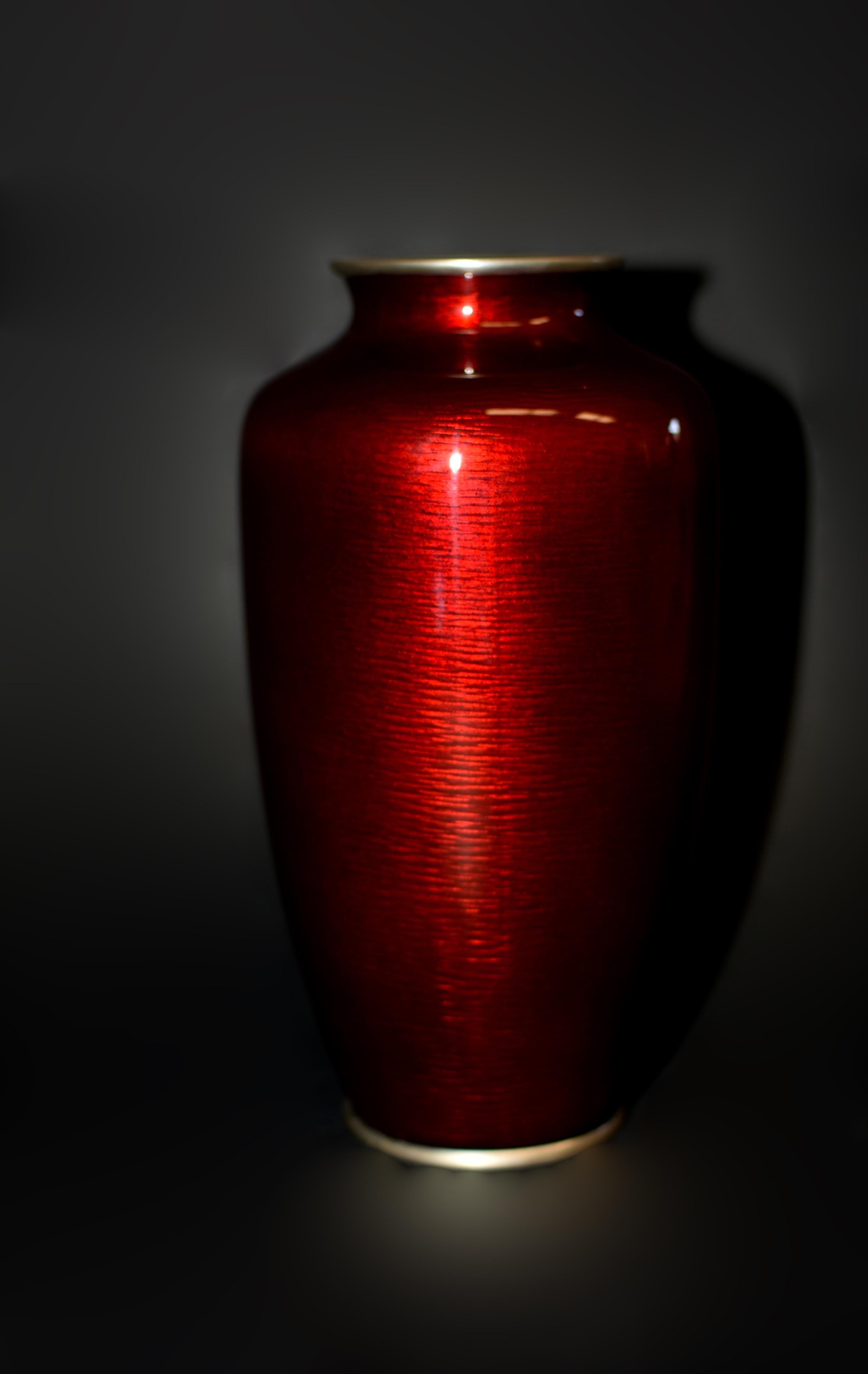 Metal Rare Signed Ando Jubei Ginbari Red Japanese Cloisonne Vase Roses 9