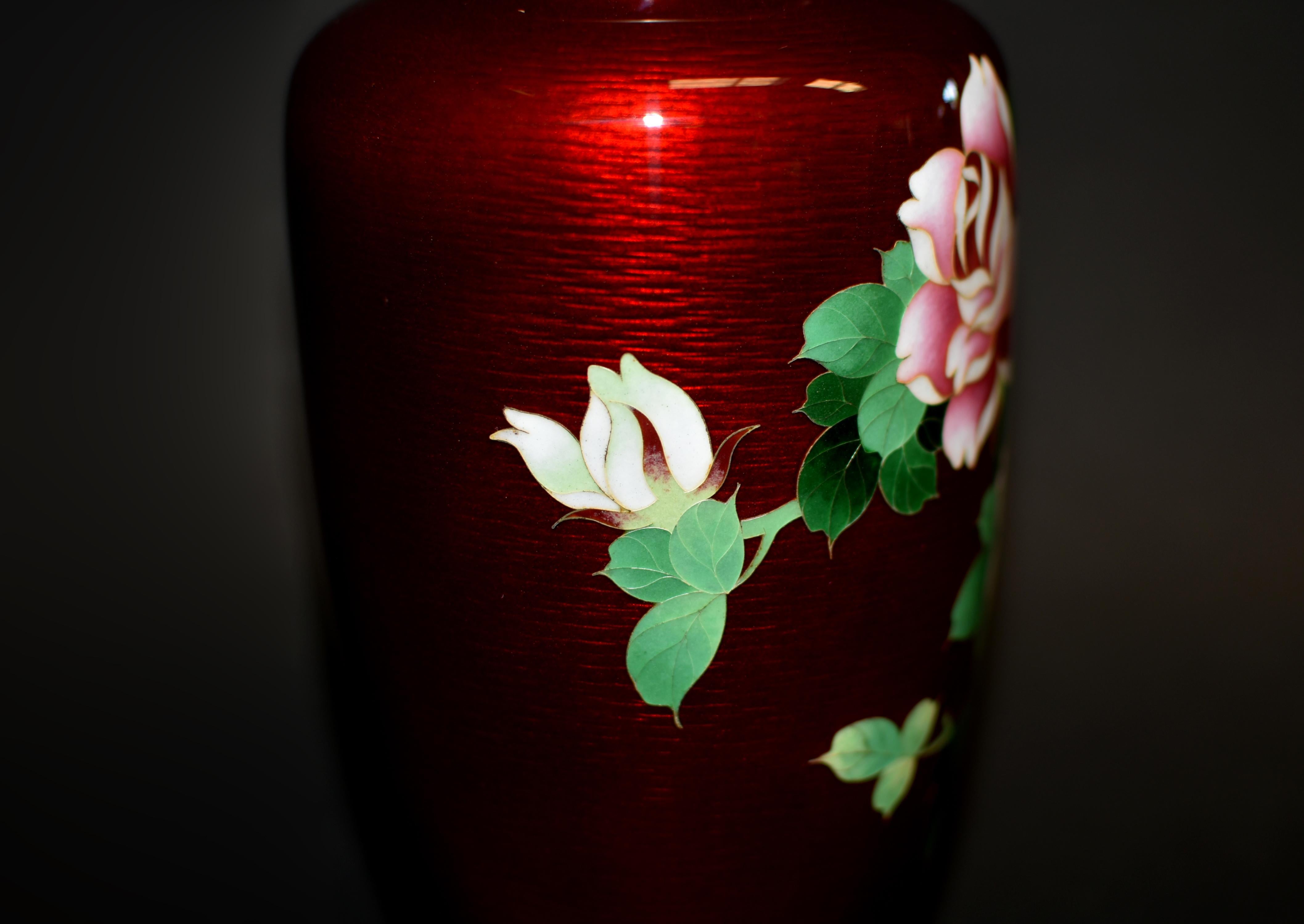Rare Signed Ando Jubei Ginbari Red Japanese Cloisonne Vase Roses 9