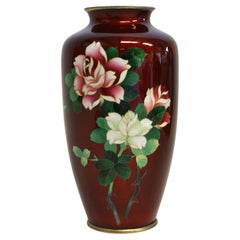Rare Signed Ando Jubei Ginbari Red Japanese Cloisonne Vase Roses 9"