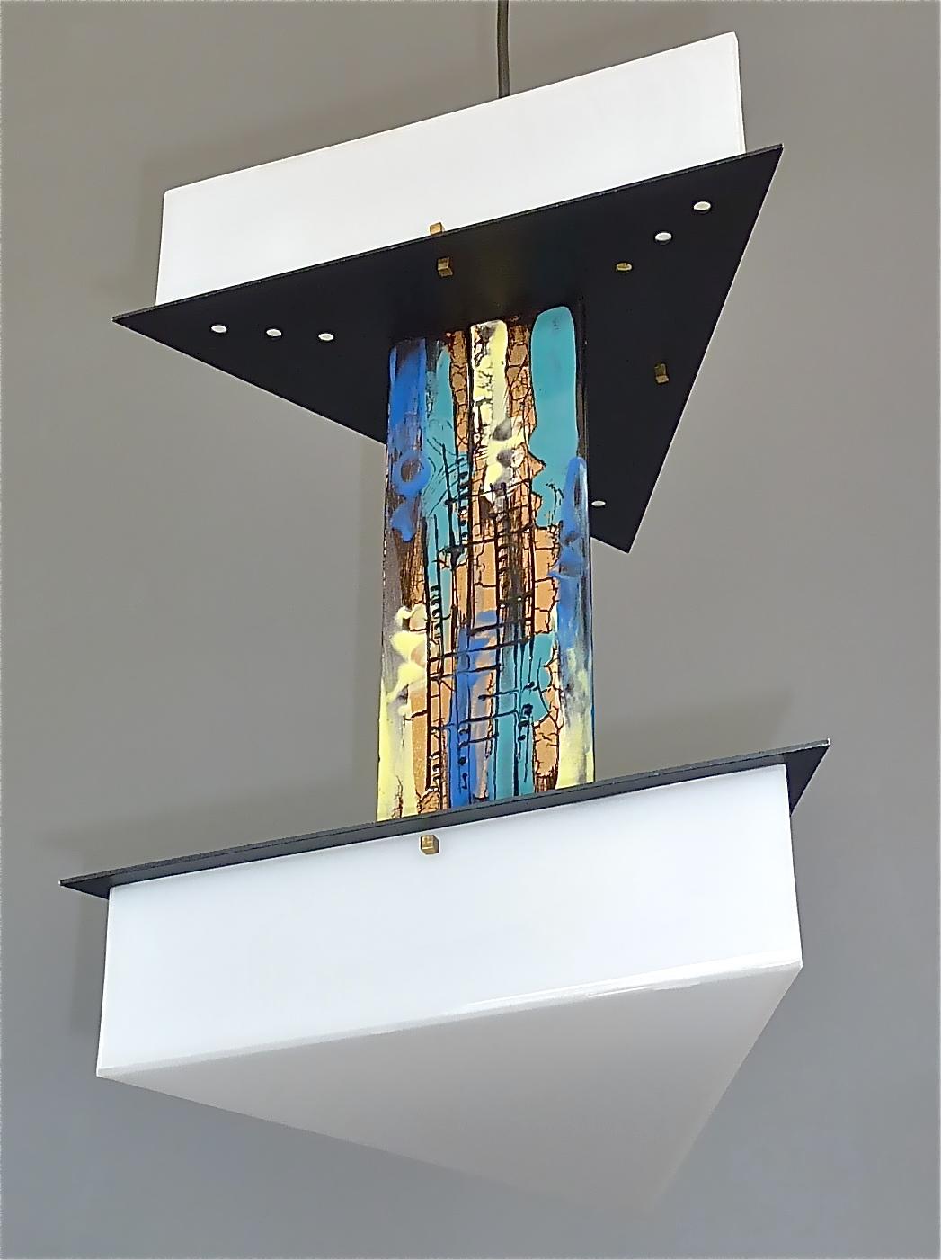 This is No 1 of 2 available. 
Rare signed Italian Mid-century chandelier by Angelo Brotto for Esperia, Poggibonsi, Italy around 1950s to 1960s. The stunning triangle double-decker chandelier is made of white perspex or acrylic, black plastic, cool
