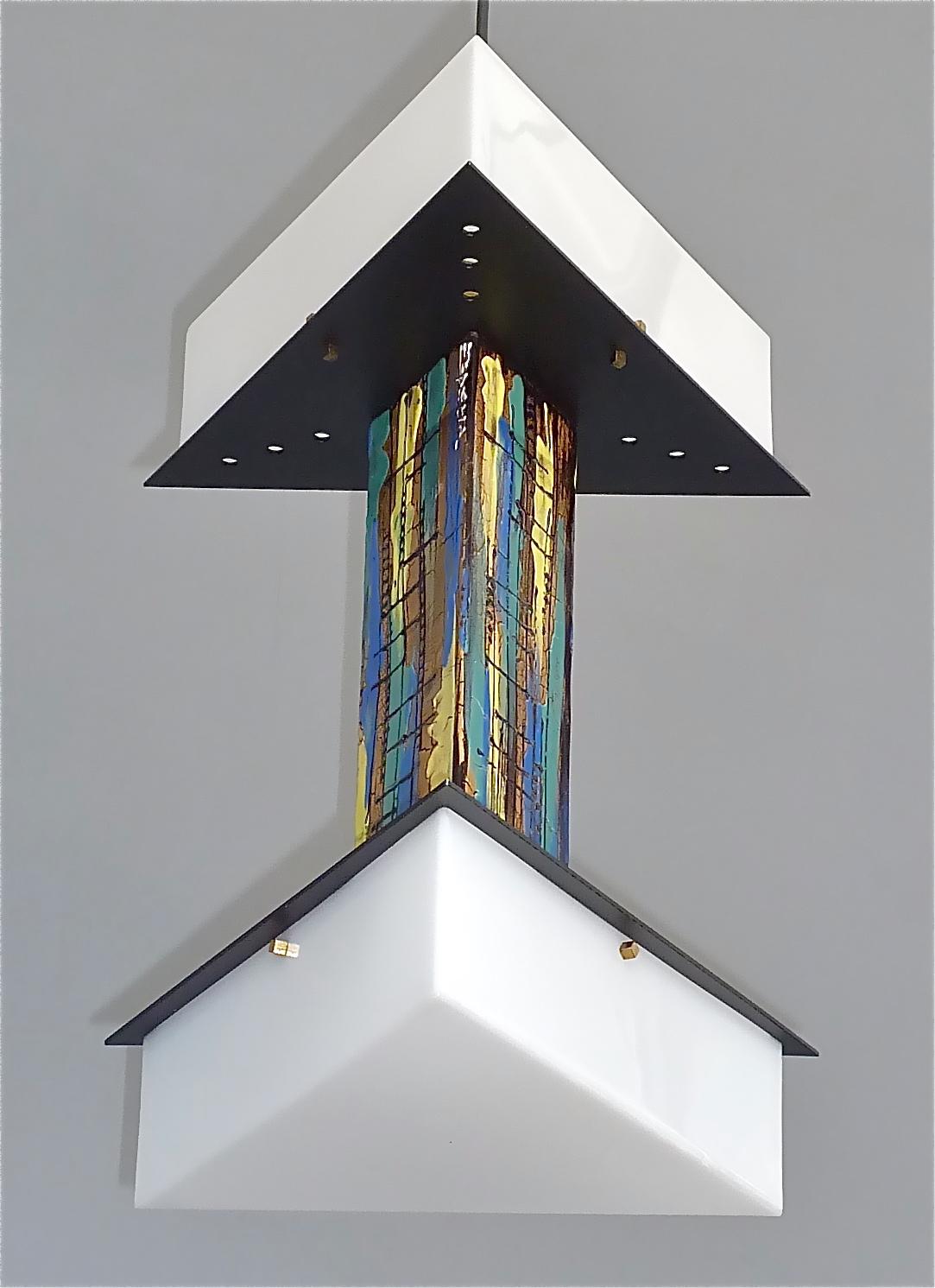 This is No 2 of 2 available. 
Rare signed Italian Mid-century chandelier by Angelo Brotto for Esperia,  Poggibonsi, Italy around 1950s to 1960s. The stunning triangle double-decker chandelier is made of white perspex or acrylic, black plastic, cool