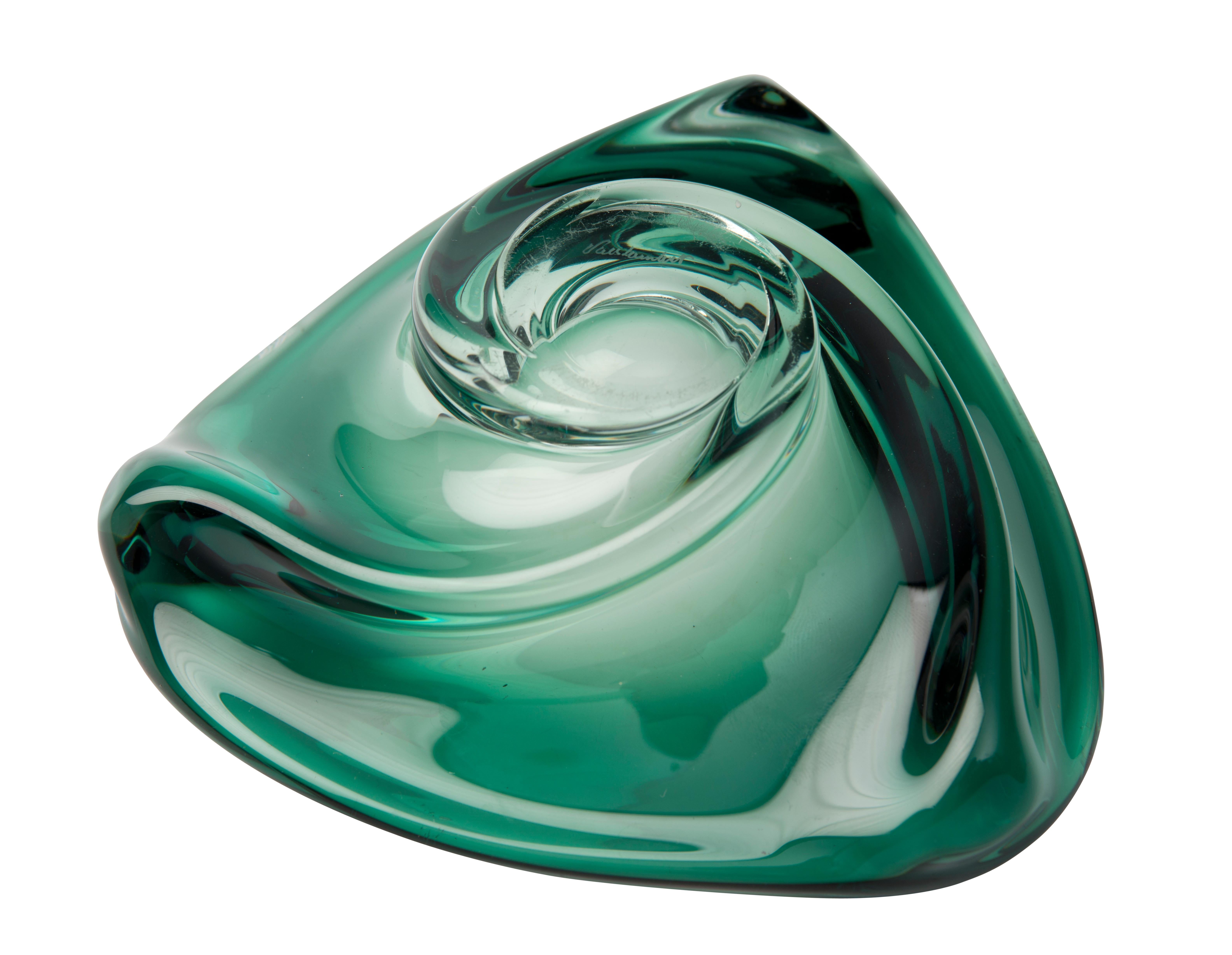 Mid-Century Modern Rare Signed Daum Ashtray by Val Saint Lambert in Green Crystal, 1950s