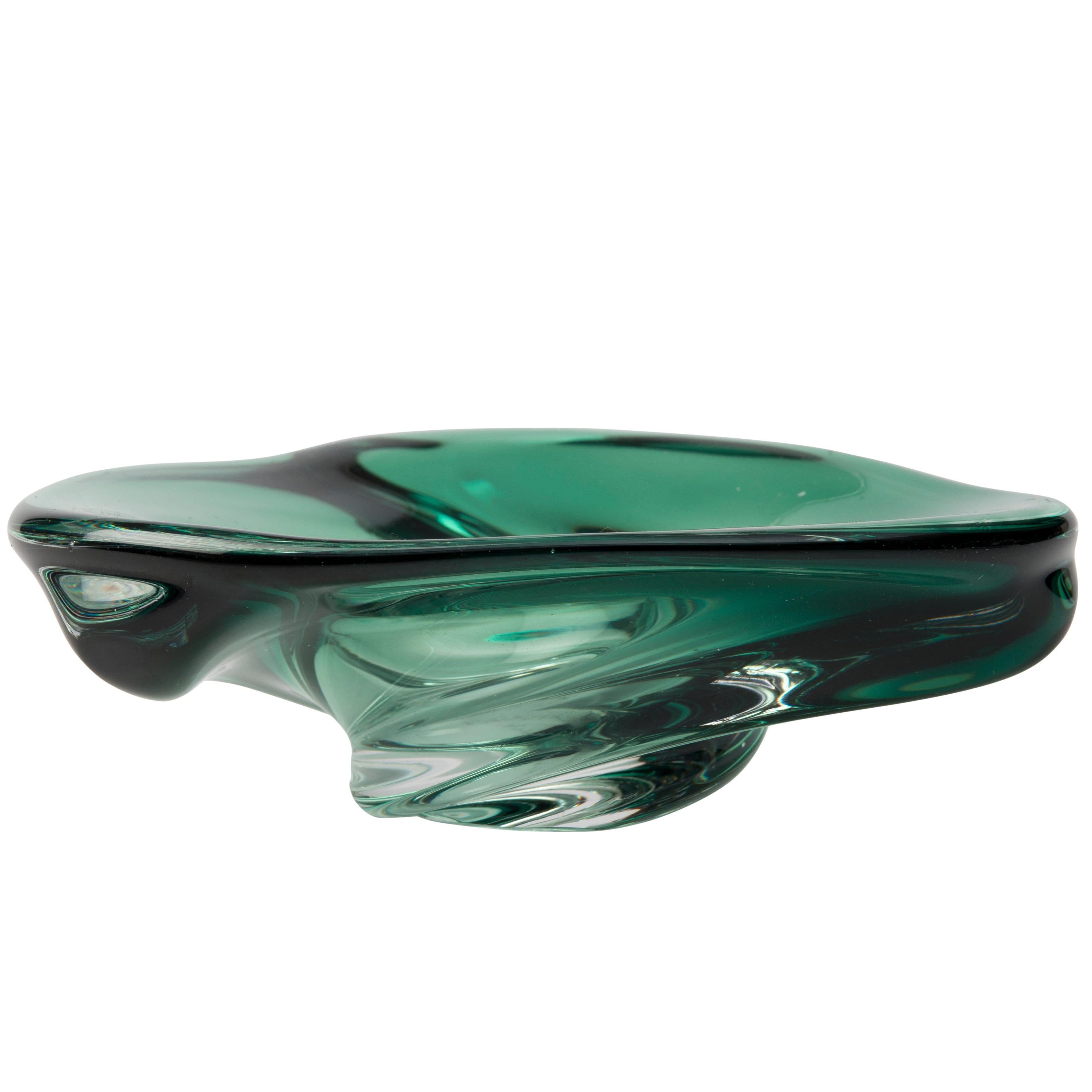 Rare Signed Daum Ashtray by Val Saint Lambert in Green Crystal, 1950s