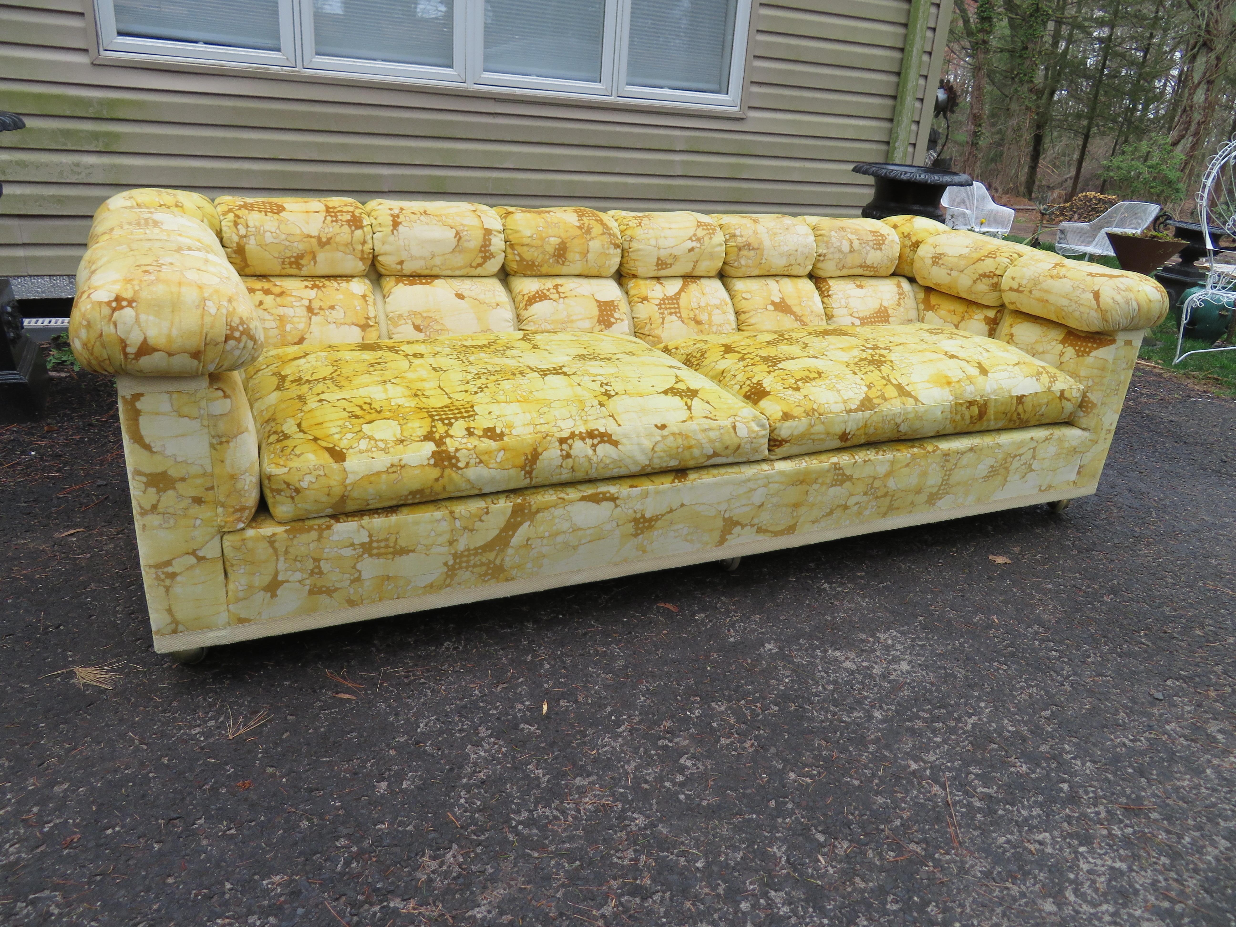 Rare signed Dunbar Chesterfield party sofa with original Jack Lenor Larsen. We have never seen another Dunbar sofa quite like this-check out the unusual way the sofa has been tufted-similar to Wormley Party sofa. This sofa retains it's original Jack