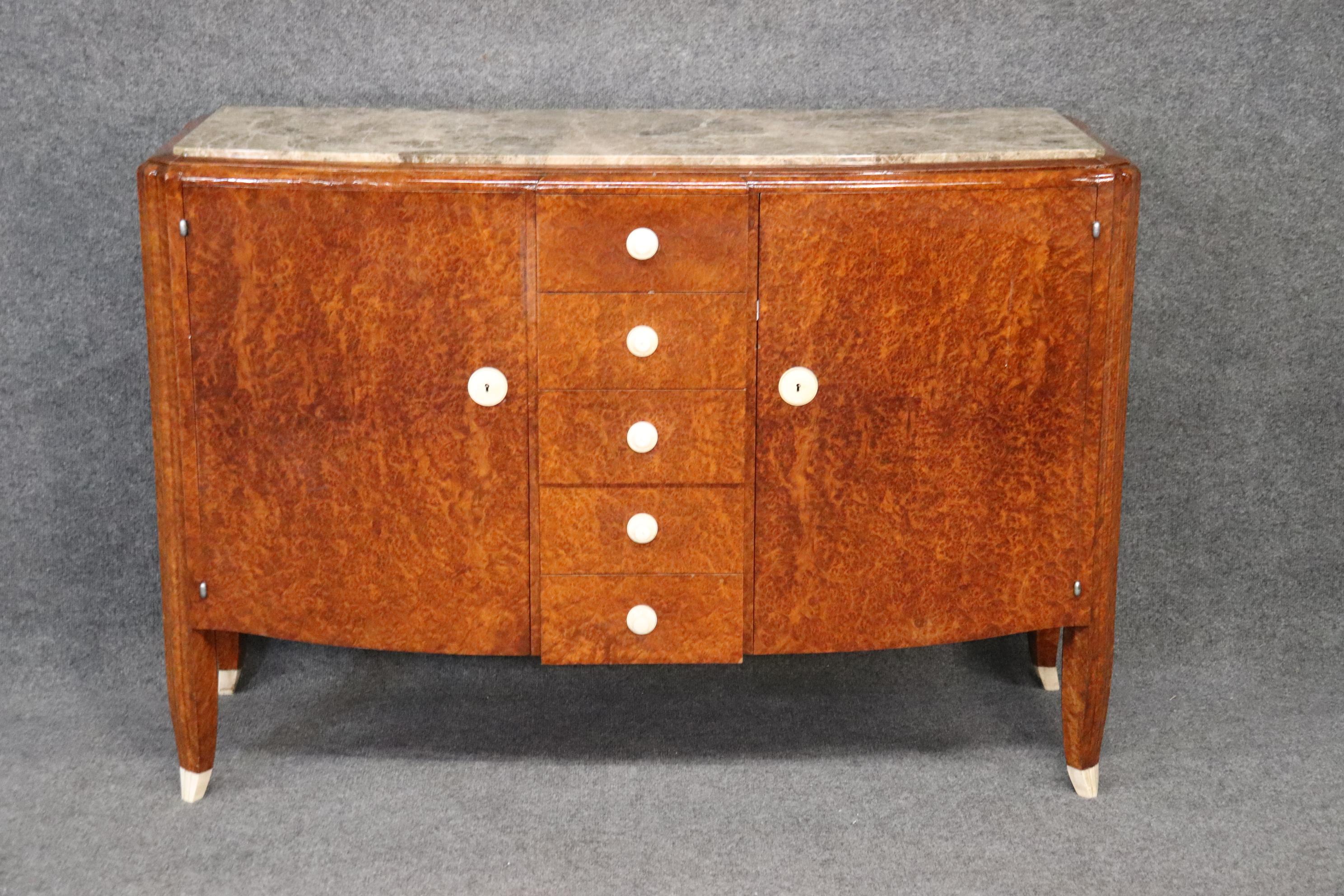 Rare Signed Francois Linke Burled Walnut Art Deco Ivory Marlble Top Sideboard In Good Condition For Sale In Swedesboro, NJ