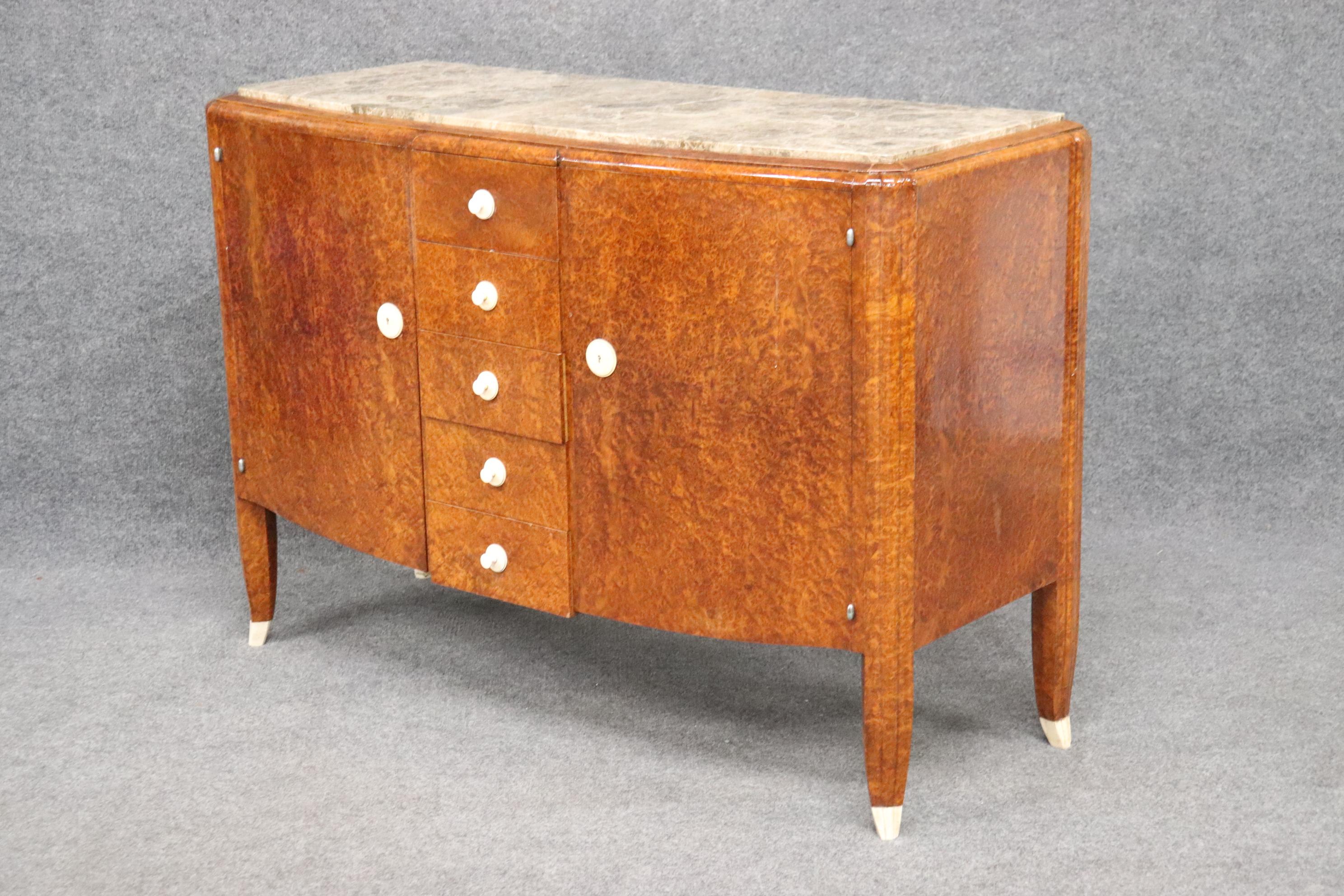 Early 20th Century Rare Signed Francois Linke Burled Walnut Art Deco Ivory Marlble Top Sideboard For Sale