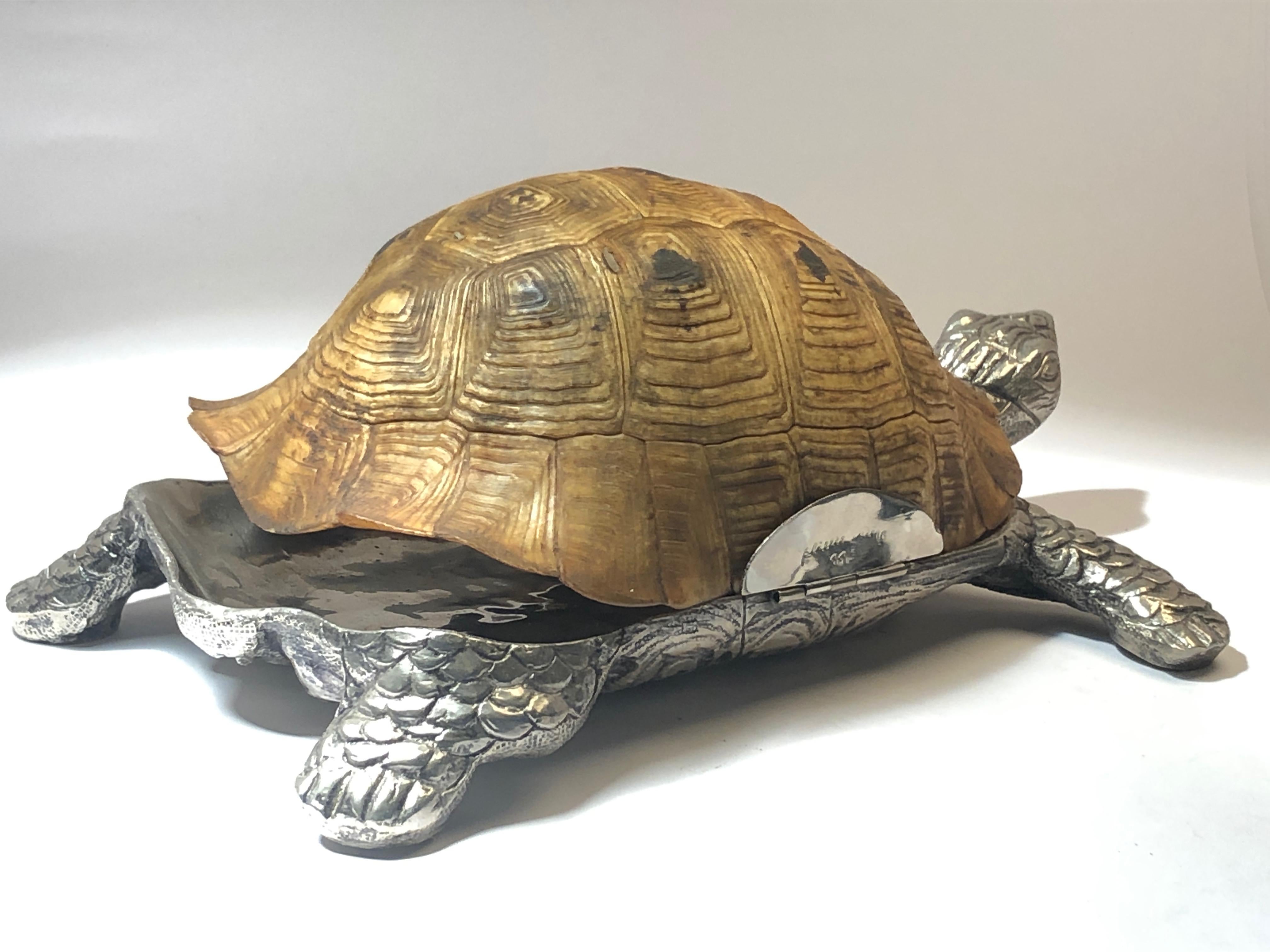 Late 20th Century Rare Signed Gabriella Crespi Large Real Turtle Shell Box Silver Sculpture, 1970