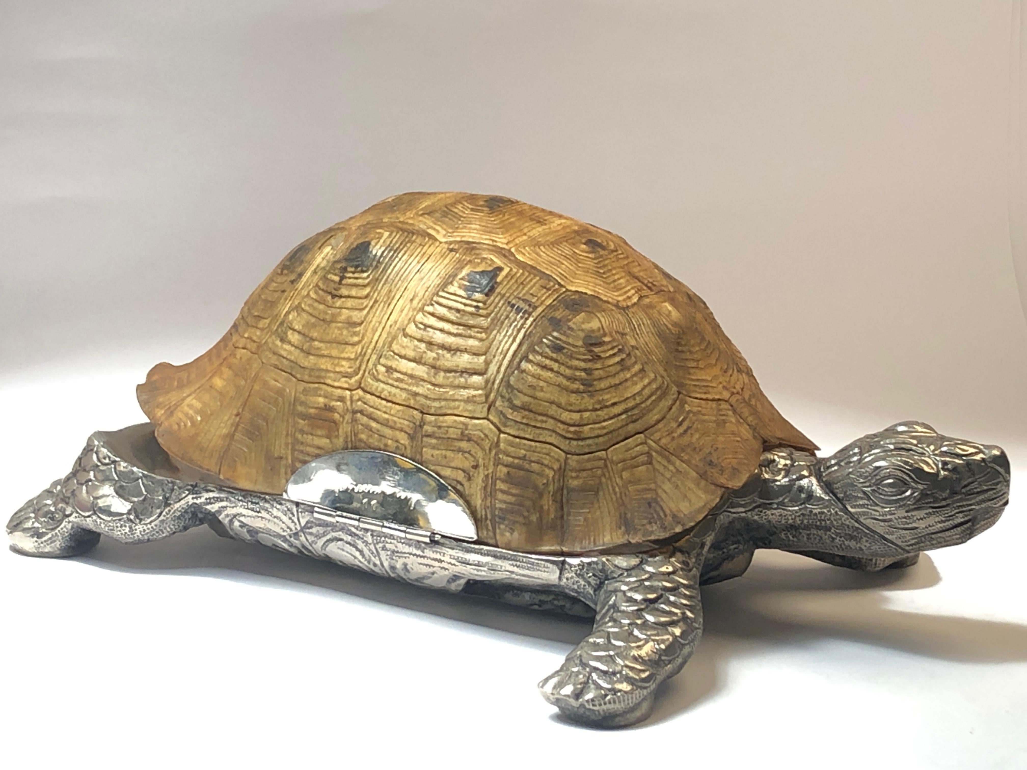 Rare Signed Gabriella Crespi Large Real Turtle Shell Box Silver Sculpture, 1970 3
