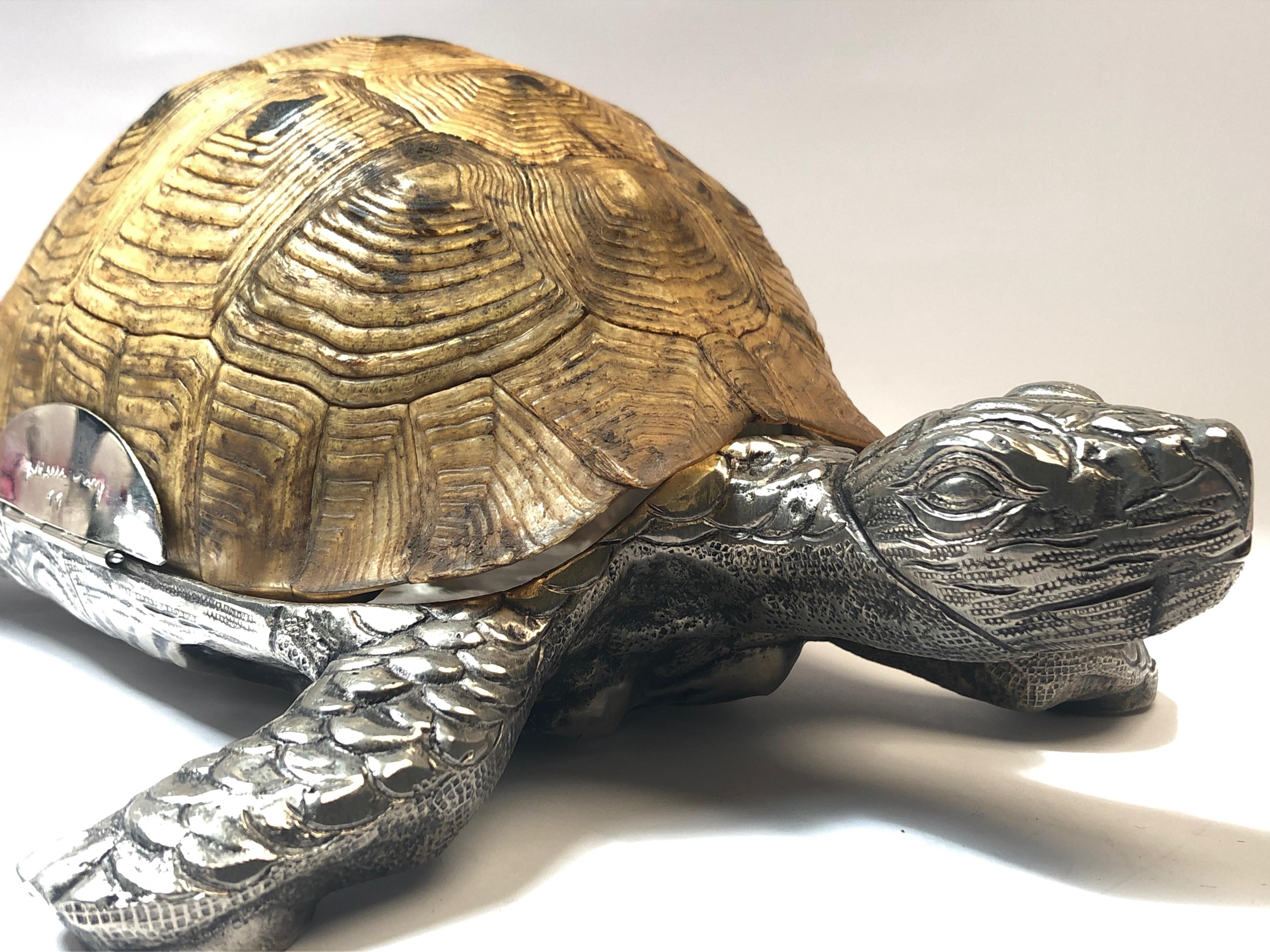 Mid-Century Modern Rare Signed Gabriella Crespi Large Real Turtle Shell Box Silver Sculpture, 1970