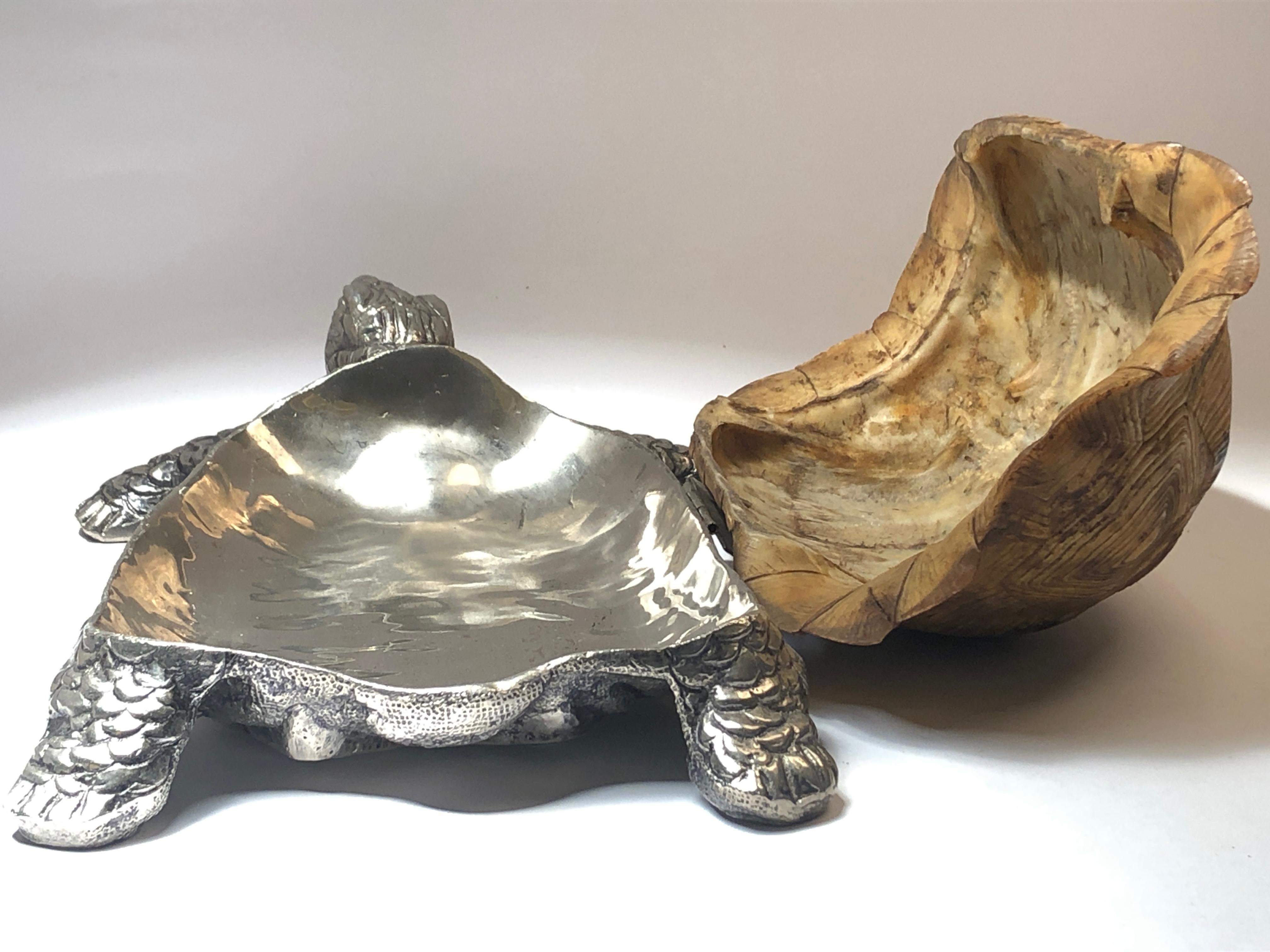 Rare Signed Gabriella Crespi Large Real Turtle Shell Box Silver Sculpture, 1970 In Excellent Condition In Vis, NL