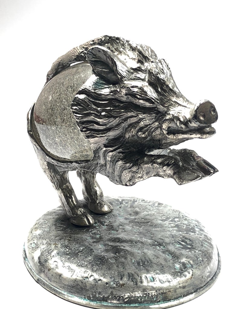 Silver Plate Rare Signed Gabriella Crespi Wild Boar Sculpture, 1970s, Italy For Sale