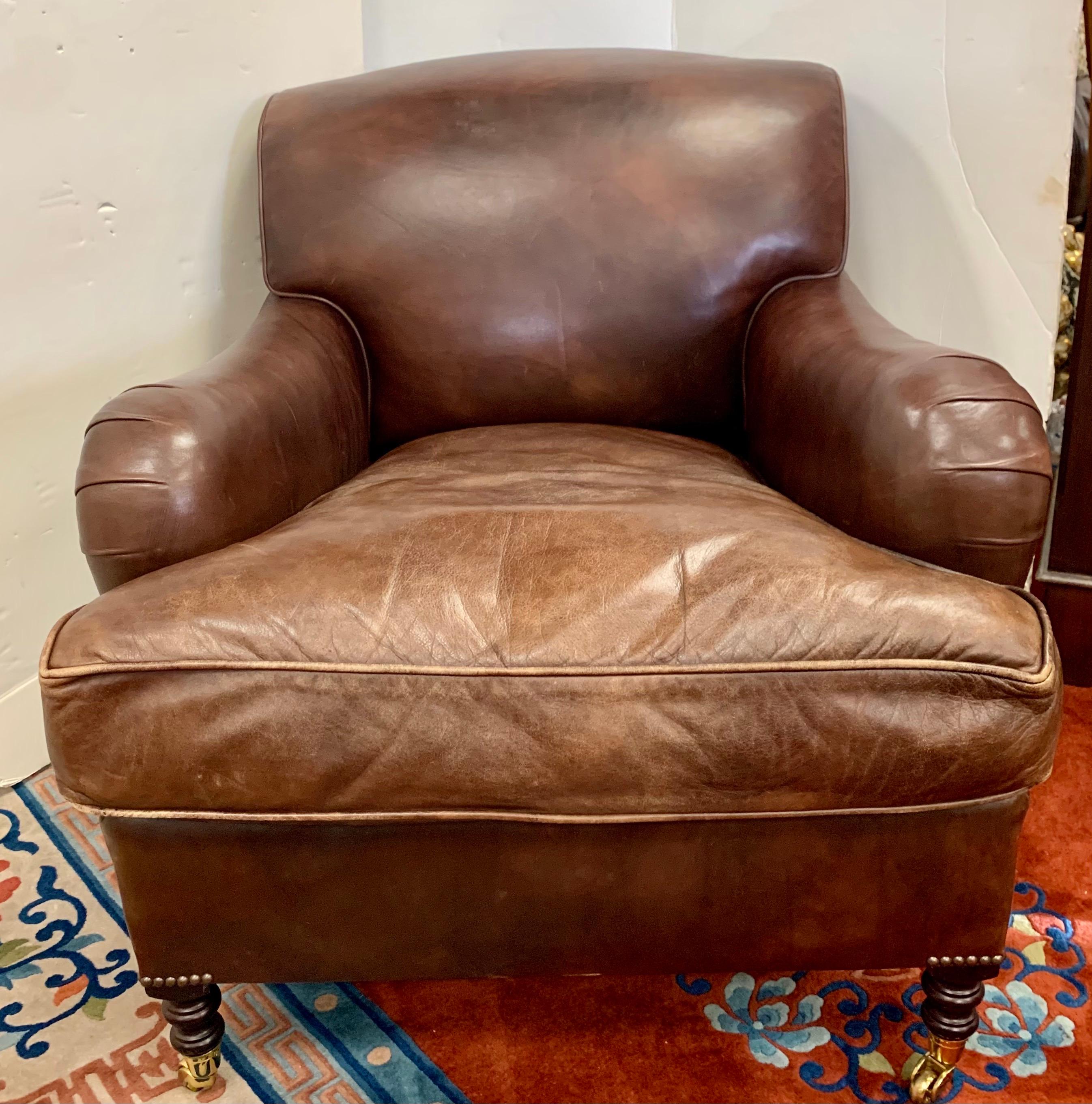 English Rare Signed George Smith Brown Leather Club Chair with Ottoman