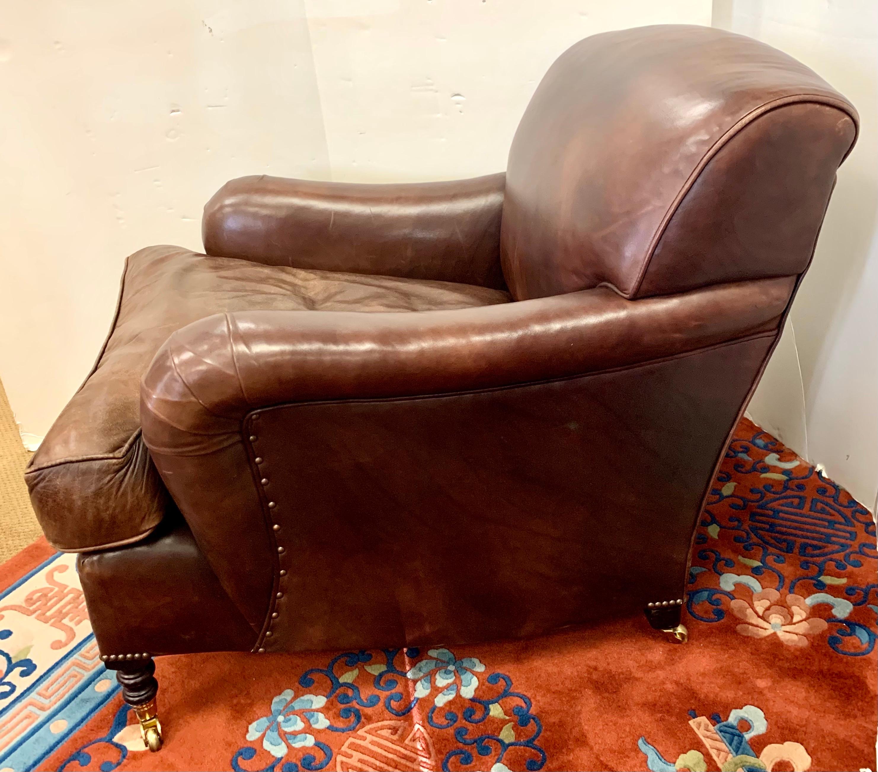 Rare Signed George Smith Brown Leather Club Chair with Ottoman In Good Condition In West Hartford, CT