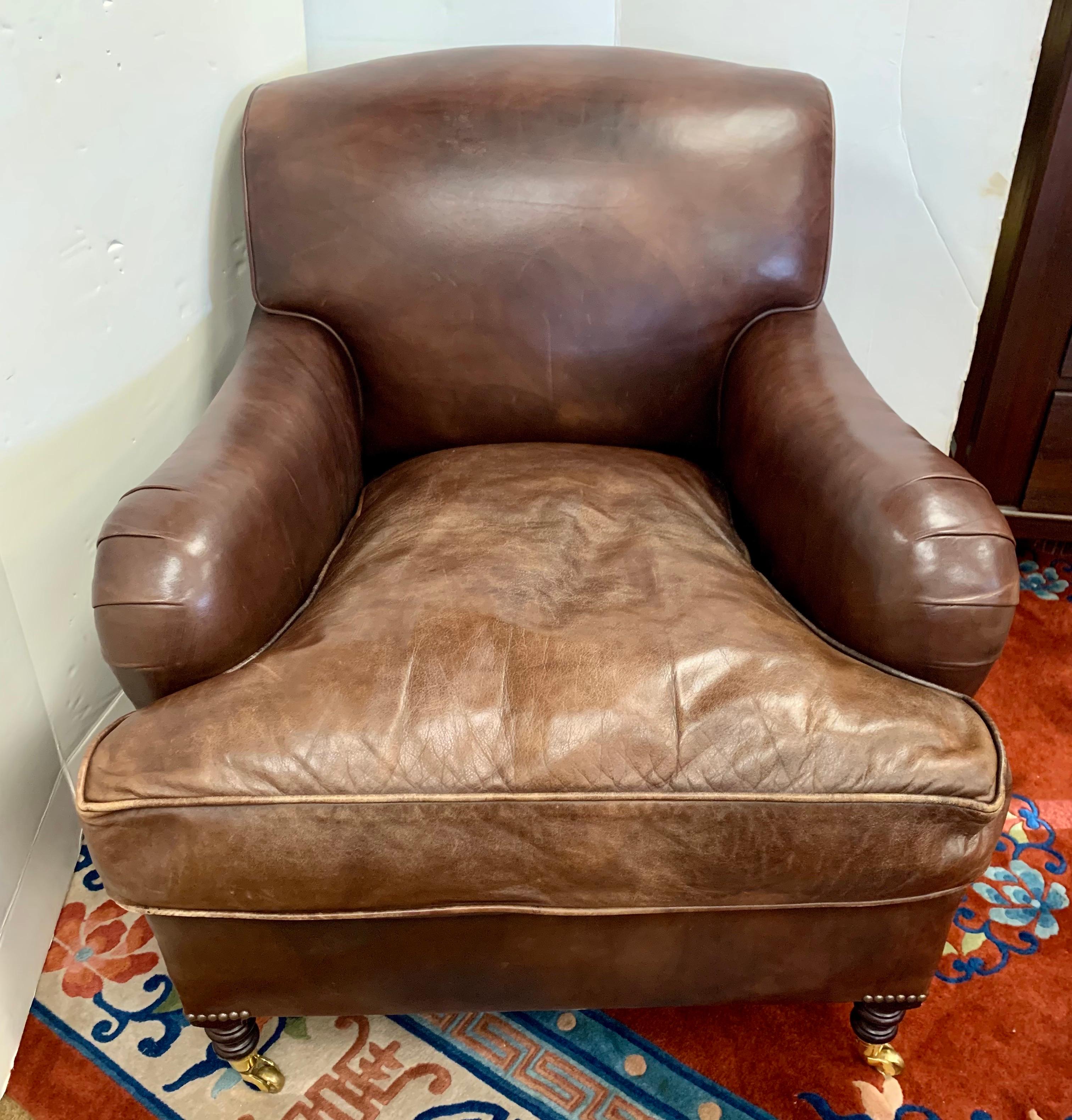 Brass Rare Signed George Smith Brown Leather Club Chair with Ottoman