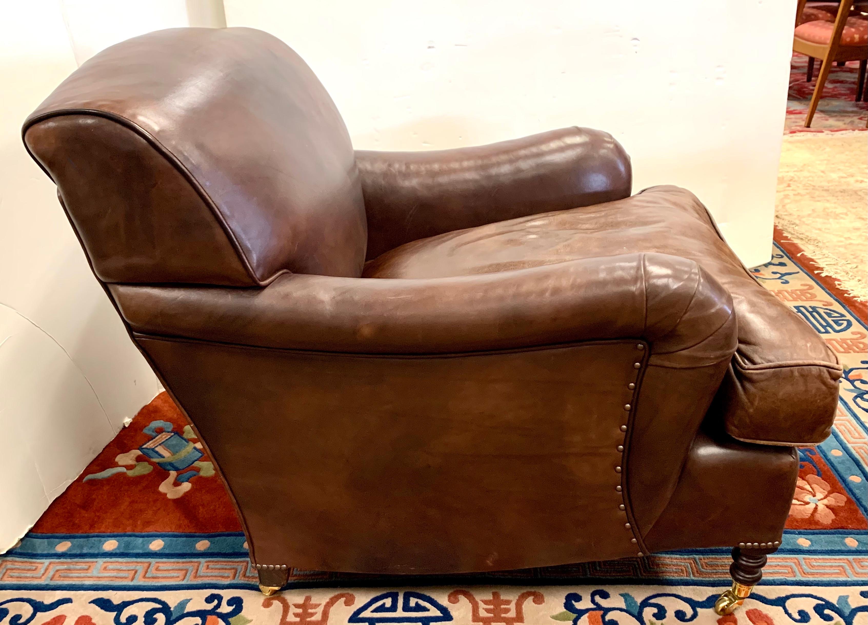 Rare Signed George Smith Brown Leather Club Chair with Ottoman 1