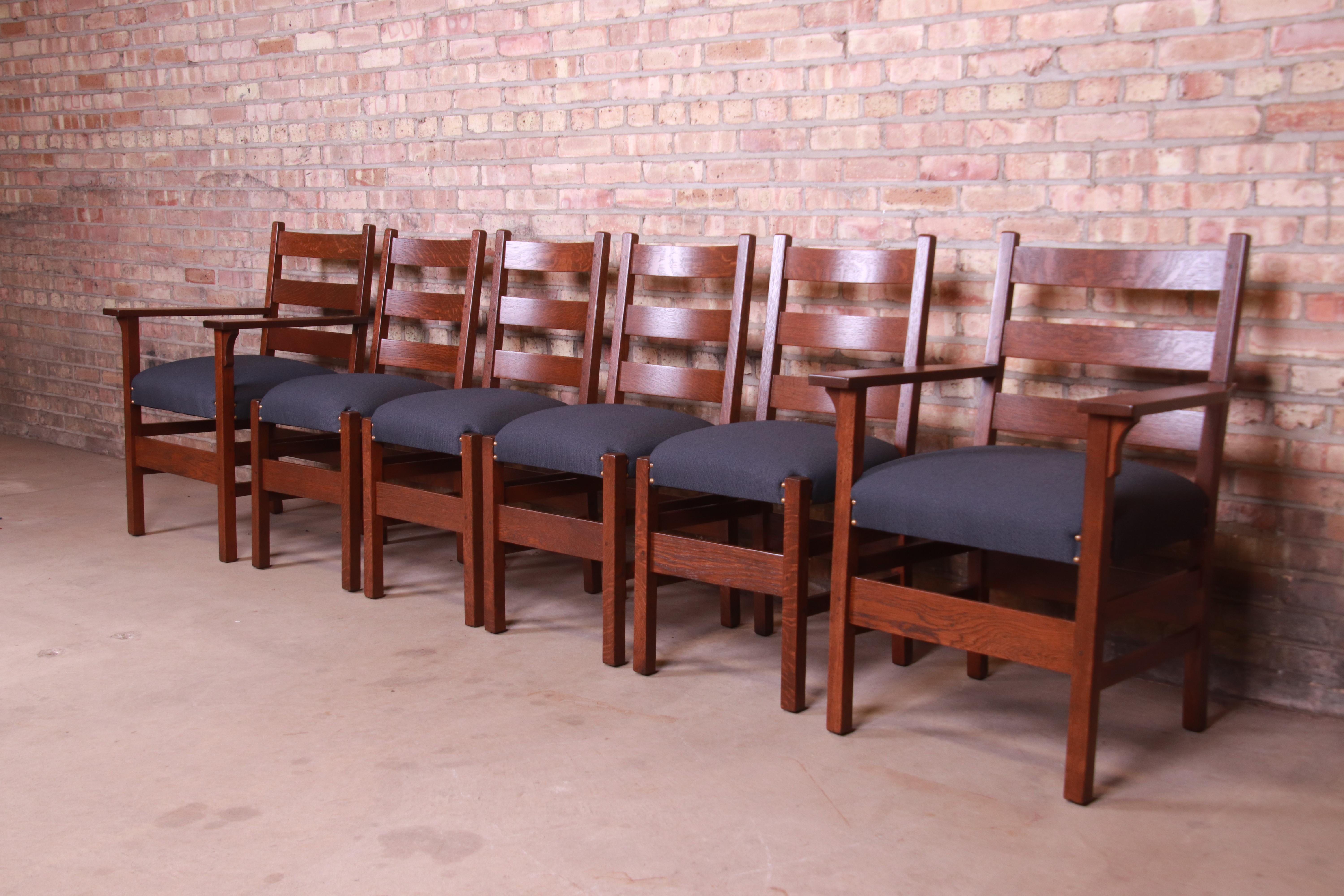 Arts and Crafts Rare Signed Gustav Stickley Mission Oak Arts & Crafts Dining Chairs, Restored