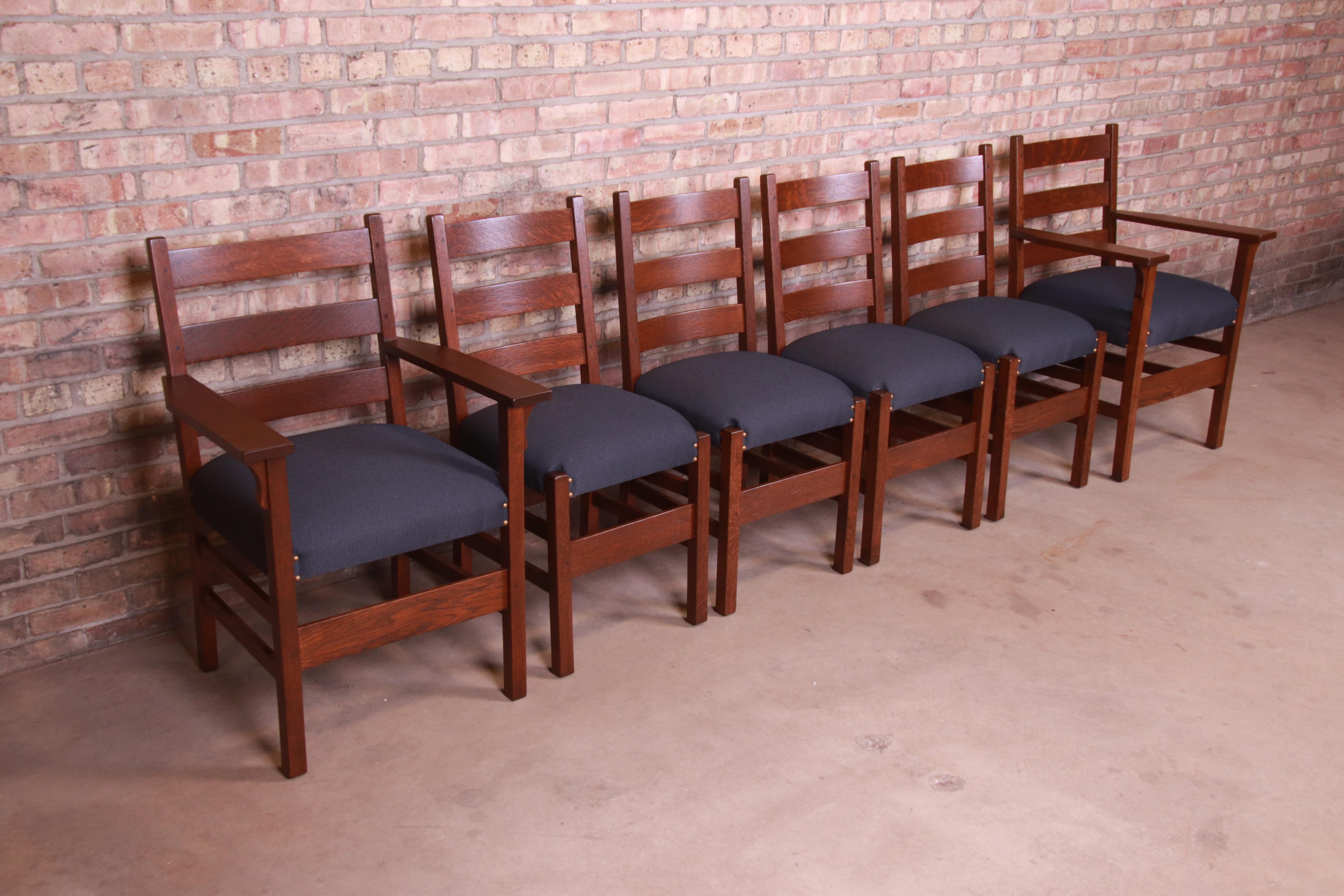 American Rare Signed Gustav Stickley Mission Oak Arts & Crafts Dining Chairs, Restored