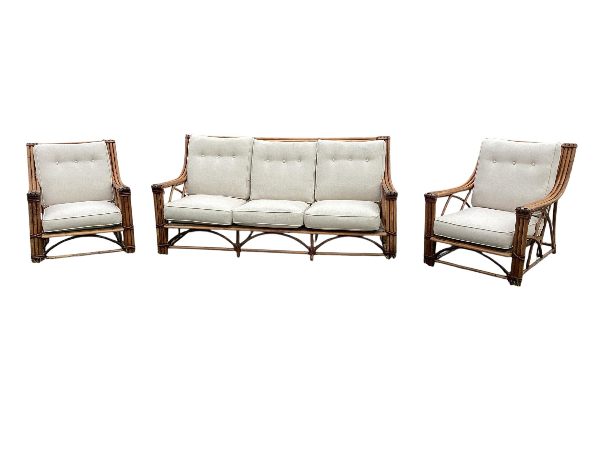 Rare Signed Heywood Wakefield Living Room Set with Sofa and Two Lounge Chairs. The lounge chairs measure 29”w x 34”d x 33”h. In the early part of the 20th century, Heywood Wakefield used mostly wicker and rattan for their patio sets. This set was