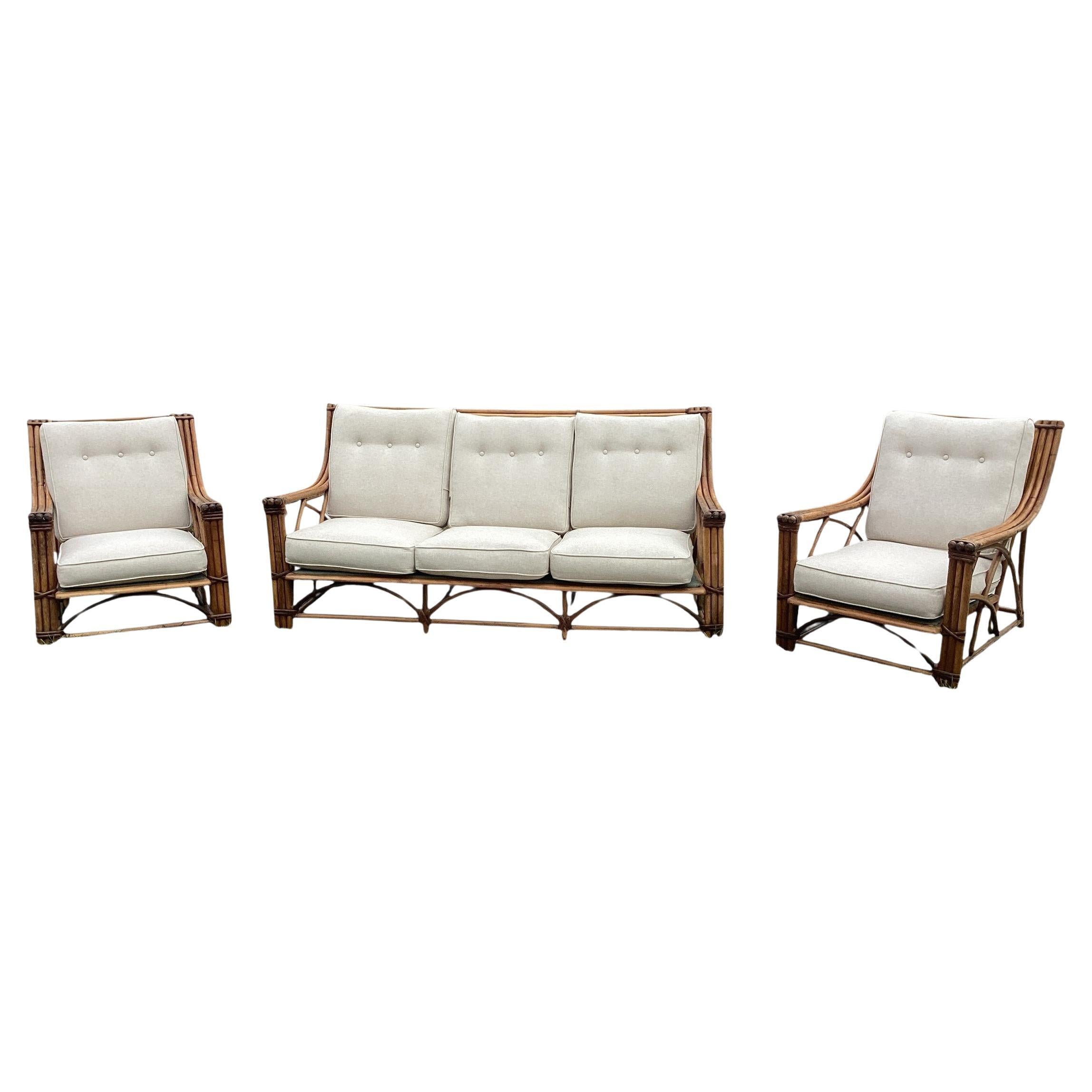 Rare Signed Heywood Wakefield Living Room Set with Sofa and Two Lounge Chairs For Sale
