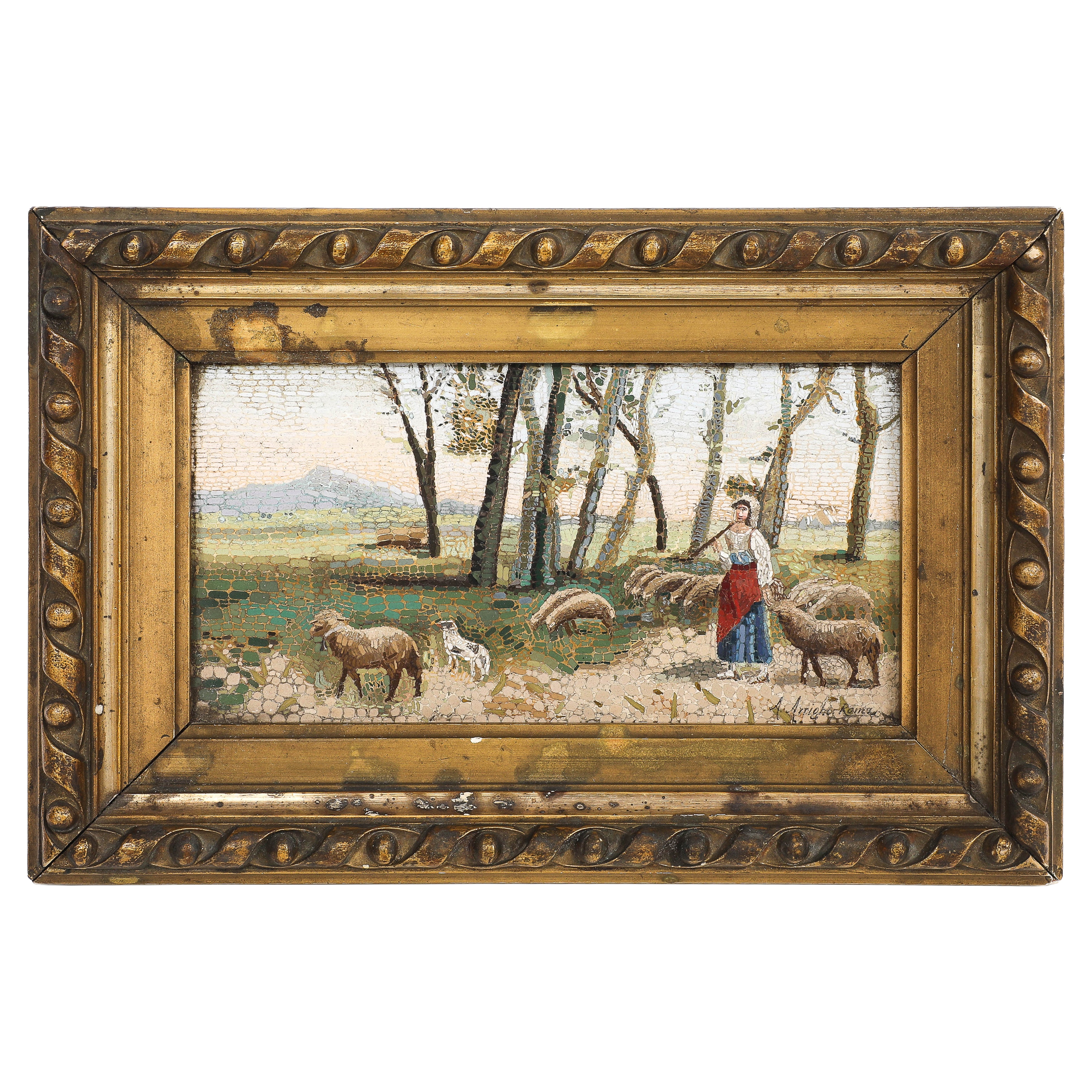 Rare signed Italian Micromosaic Plaque of a Sheep Pastoral Scene, Vatican Studio For Sale