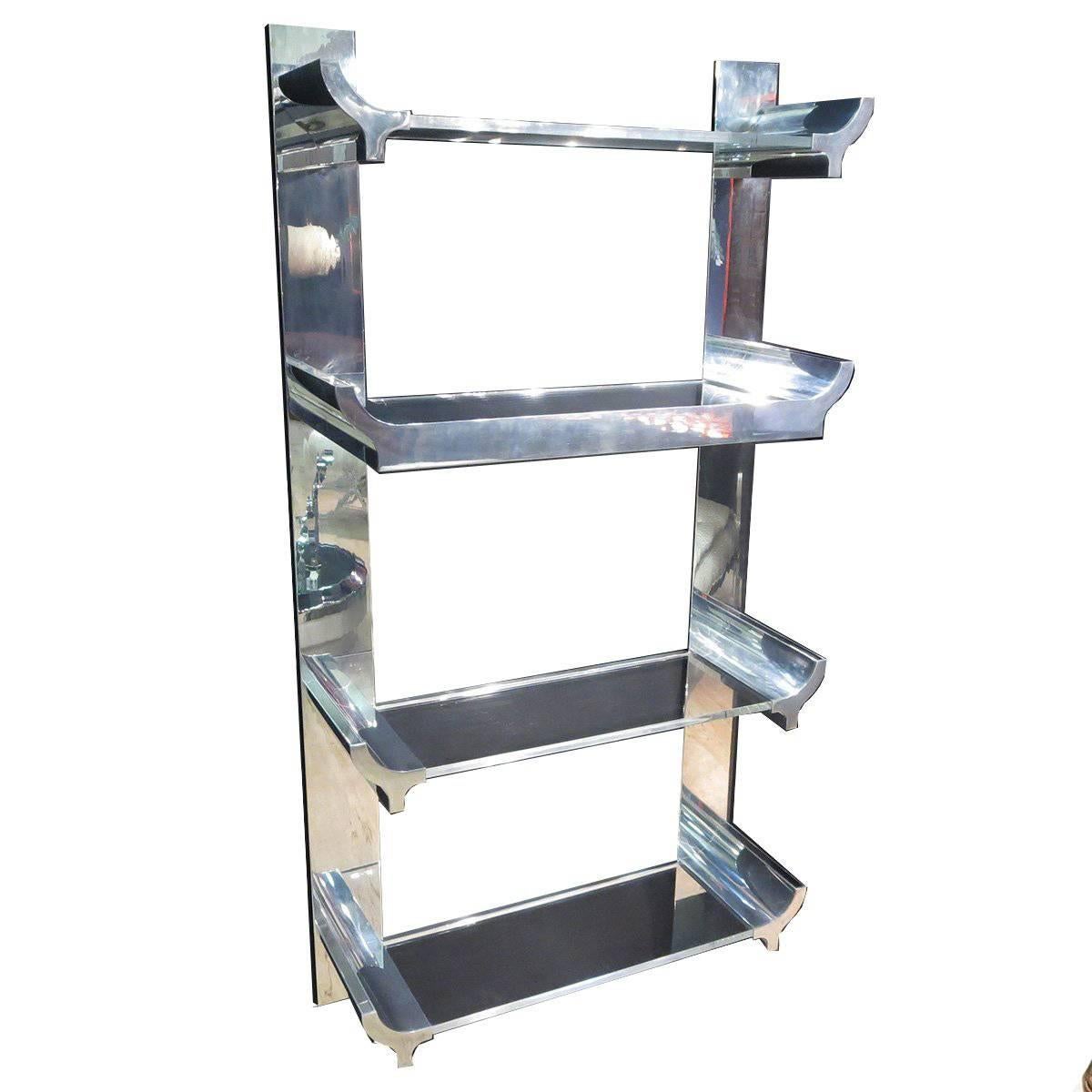 Rare Signed Karl Springer Lighted Wall Shelving Unit in Lucite and Aluminum