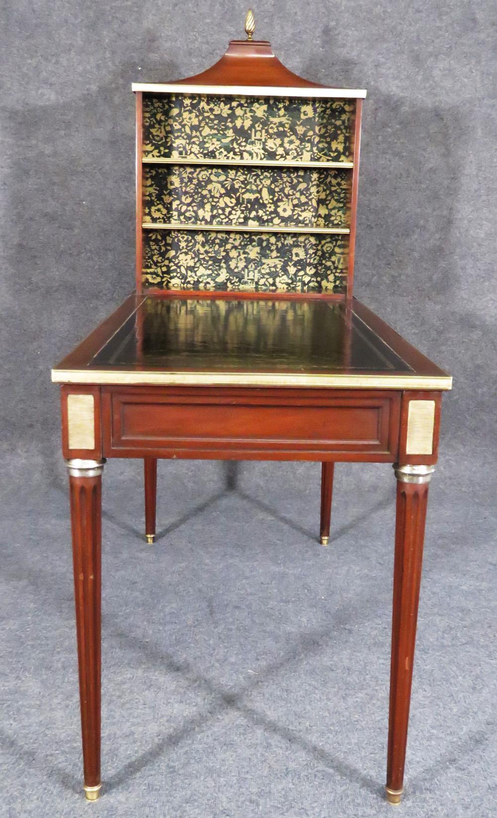 Louis XVI Rare Signed Maison Jansen Leather Top Brass Mounted Cartonnier Writing Desk