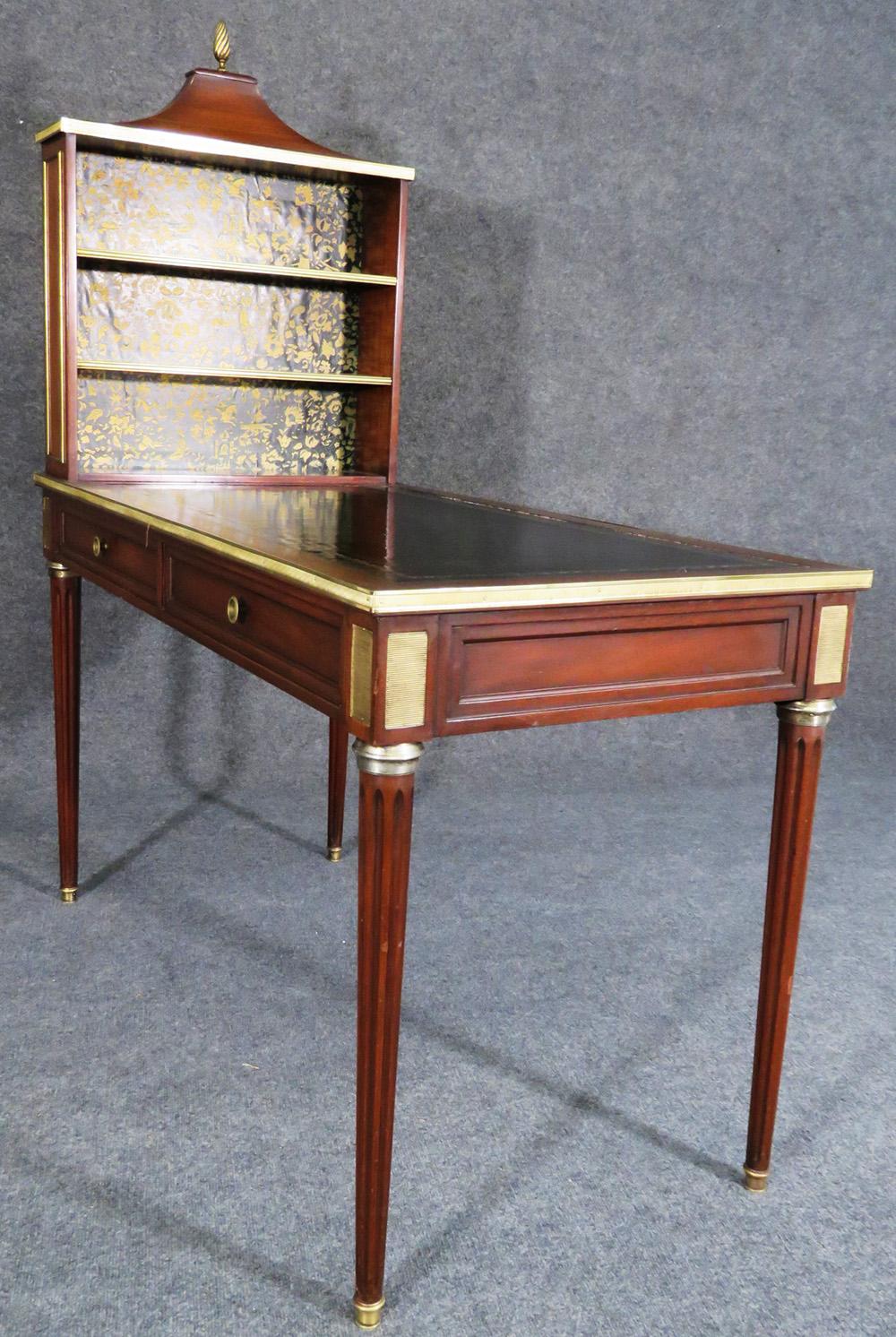 French Rare Signed Maison Jansen Leather Top Brass Mounted Cartonnier Writing Desk