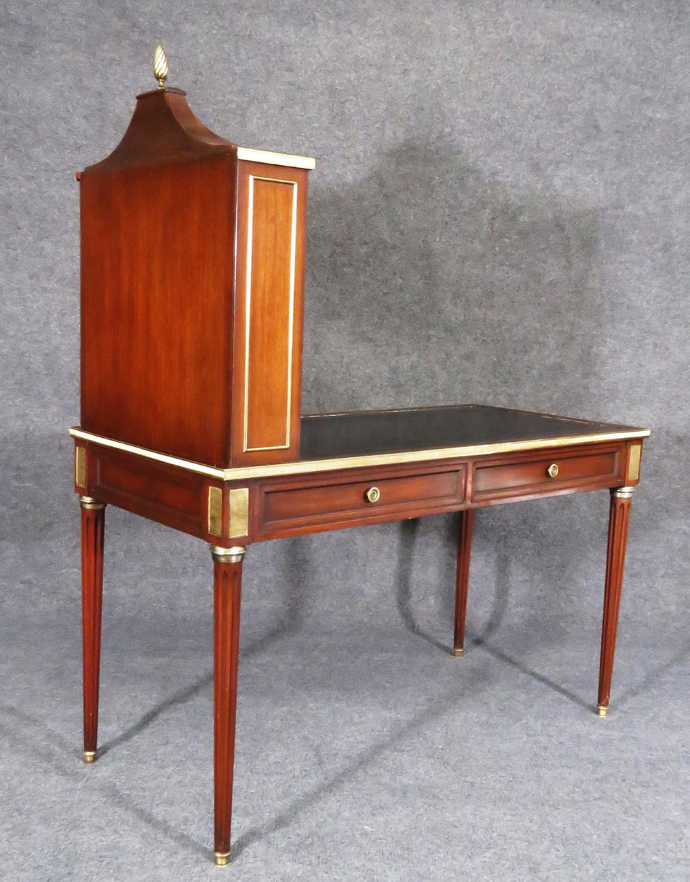 Rare Signed Maison Jansen Leather Top Brass Mounted Cartonnier Writing Desk In Good Condition In Swedesboro, NJ