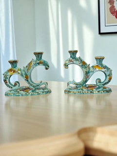 Rare Signed Monaco Majolica Double Candlesticks with Marine Décor