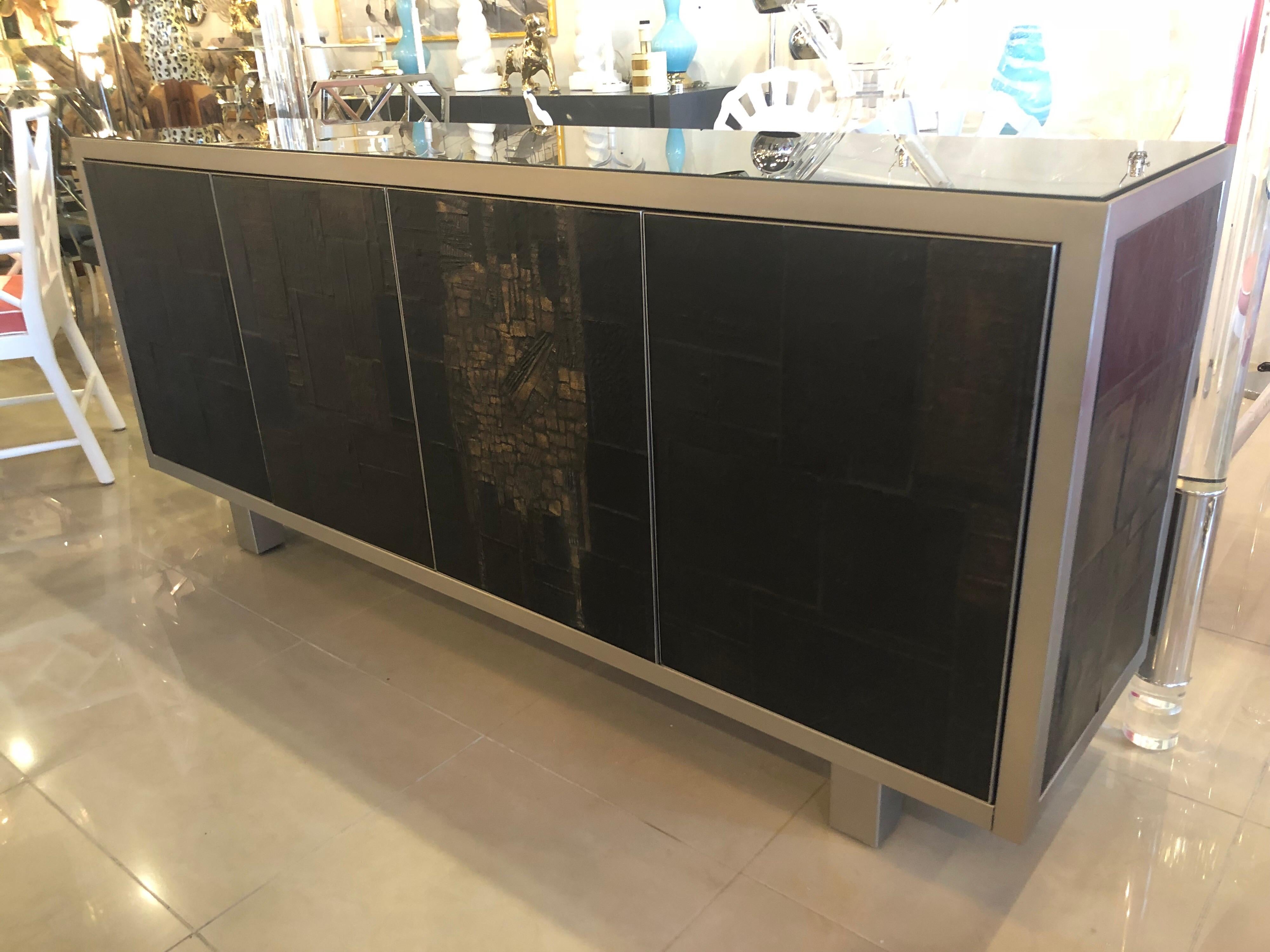 Metal Rare Signed Pia Manu Ceramic Slate Sculpted Brutalist Credenza Sideboard Buffet For Sale