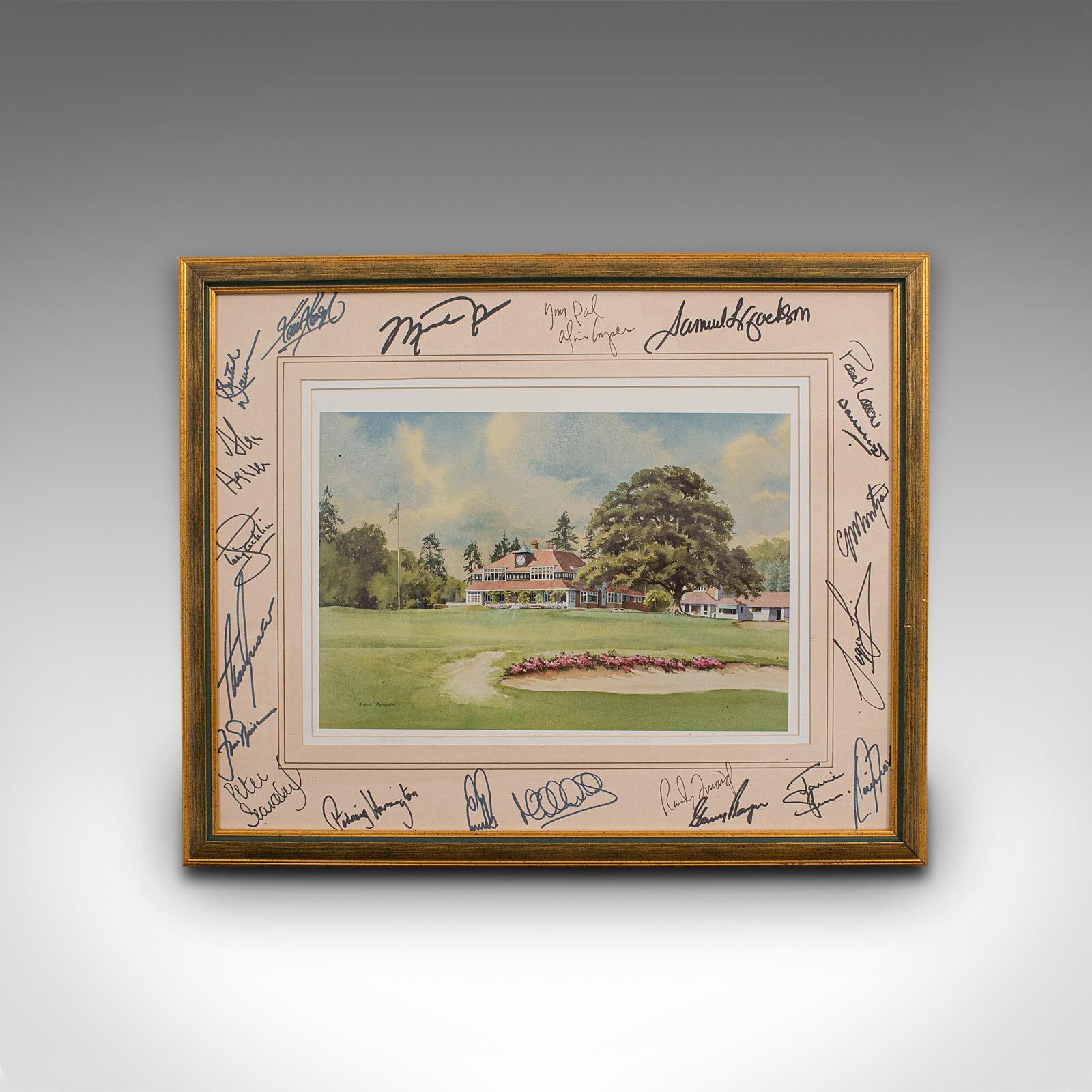 This is a rare, signed example of sports memorabilia depicting Sunningdale Golf Club. An English, framed print with celebrity signatures, dating to the 21st century.

Signed by a veritable who's-who of famous visitors to Sunningdale

Kevin