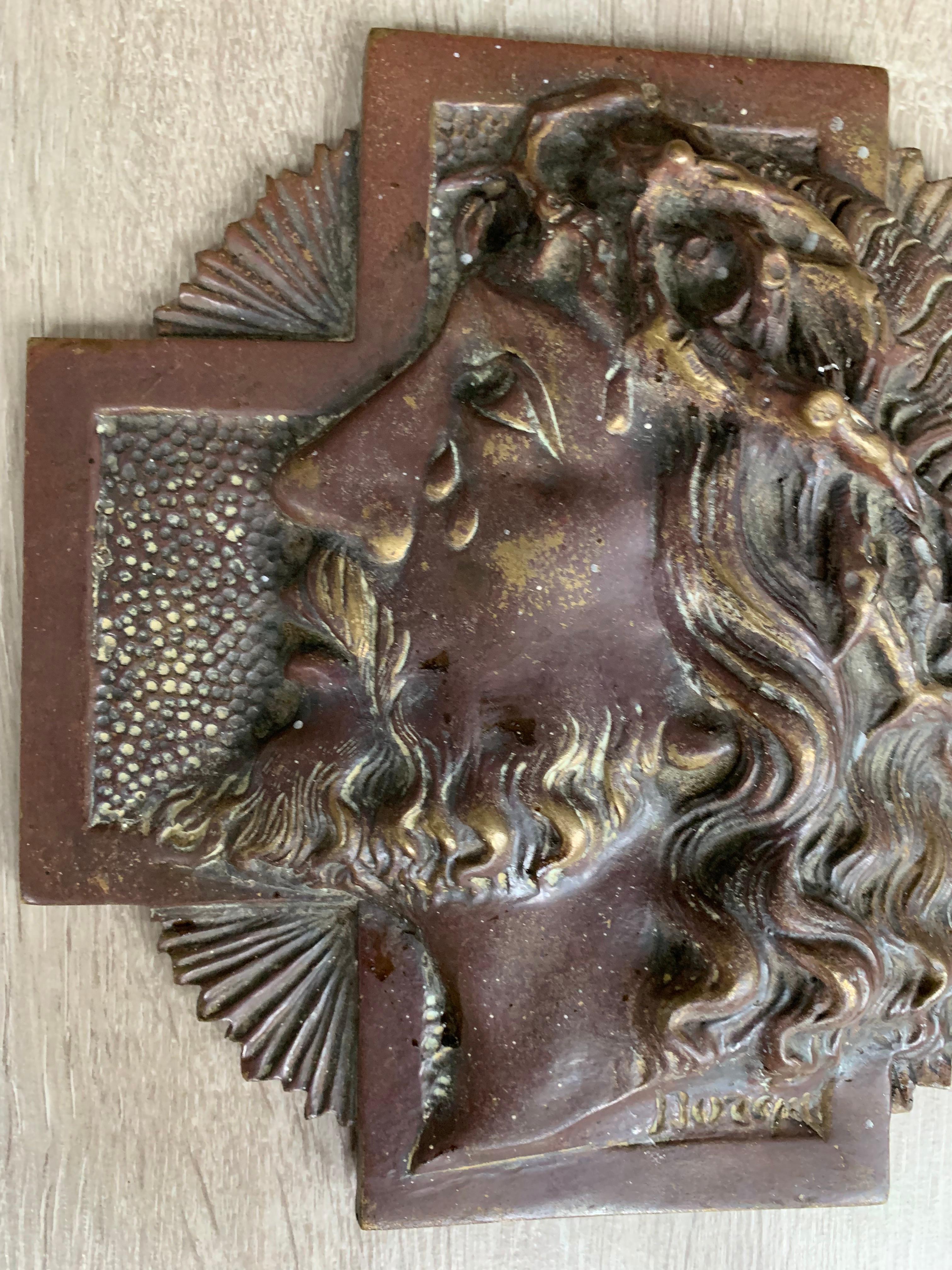 Rare & Signed Sylvain Norga Religious Bronze Plaque of Suffering Christ in Tears 2