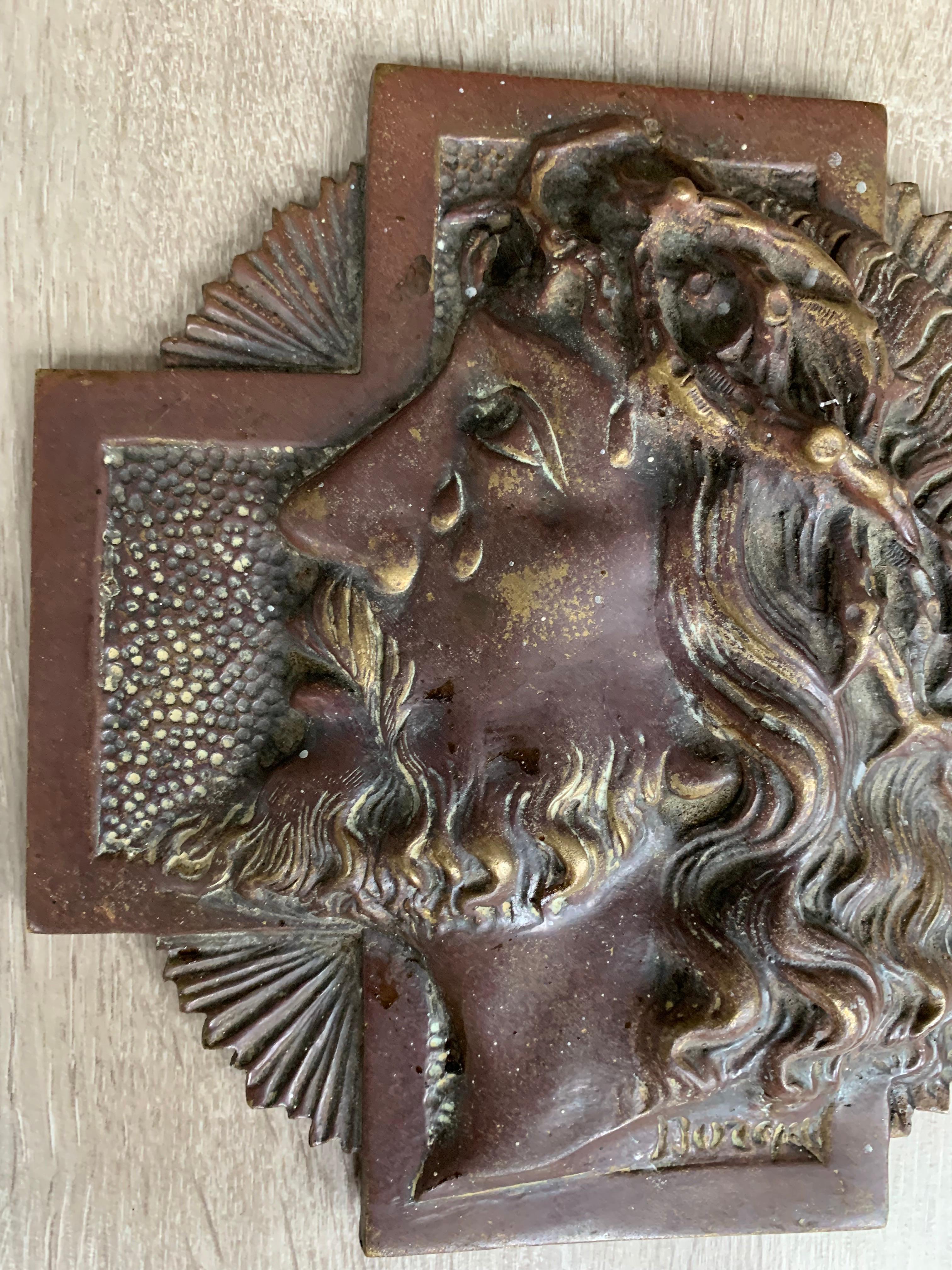 Belgian Rare & Signed Sylvain Norga Religious Bronze Plaque of Suffering Christ in Tears