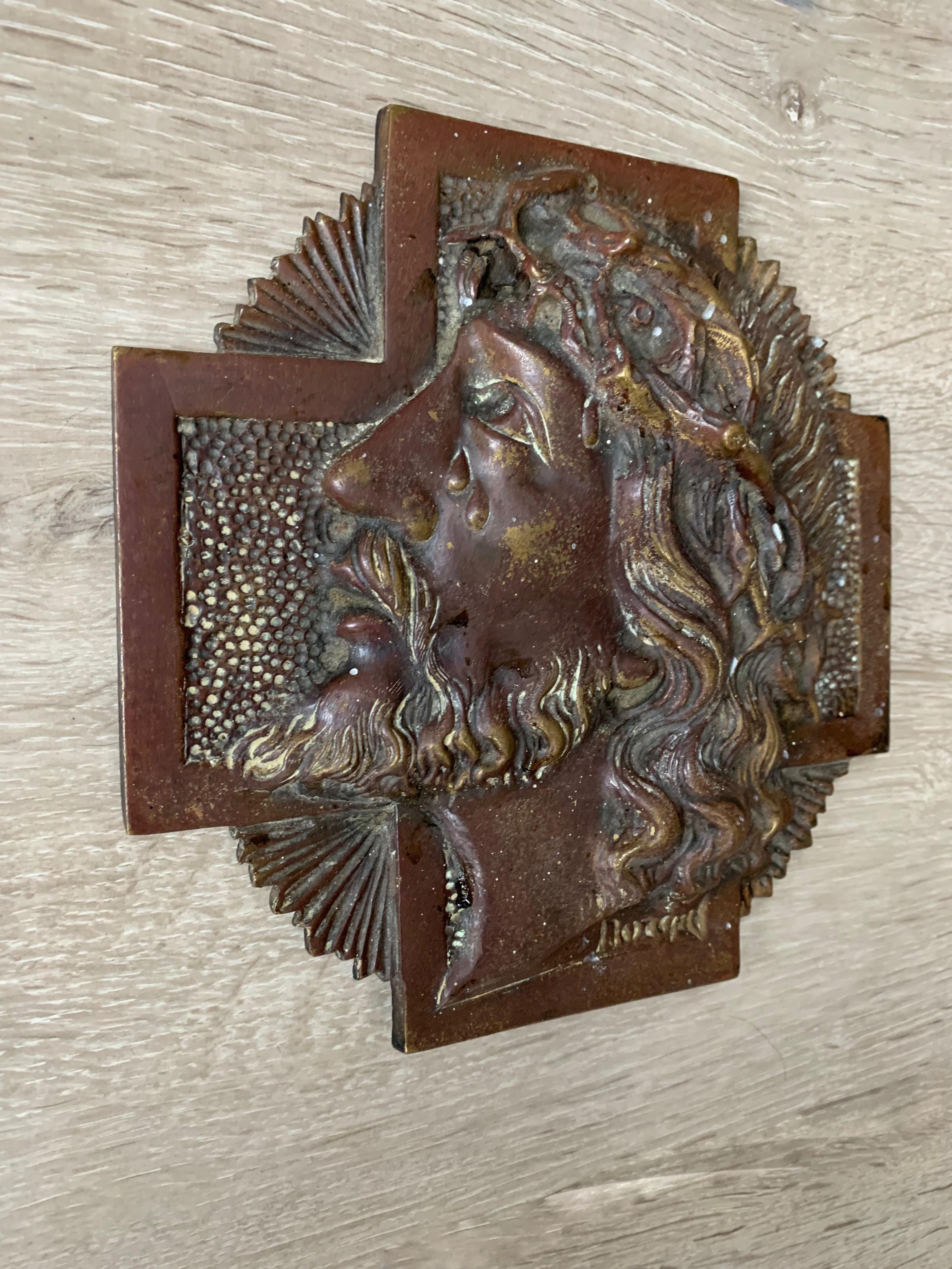 Hand-Crafted Rare & Signed Sylvain Norga Religious Bronze Plaque of Suffering Christ in Tears