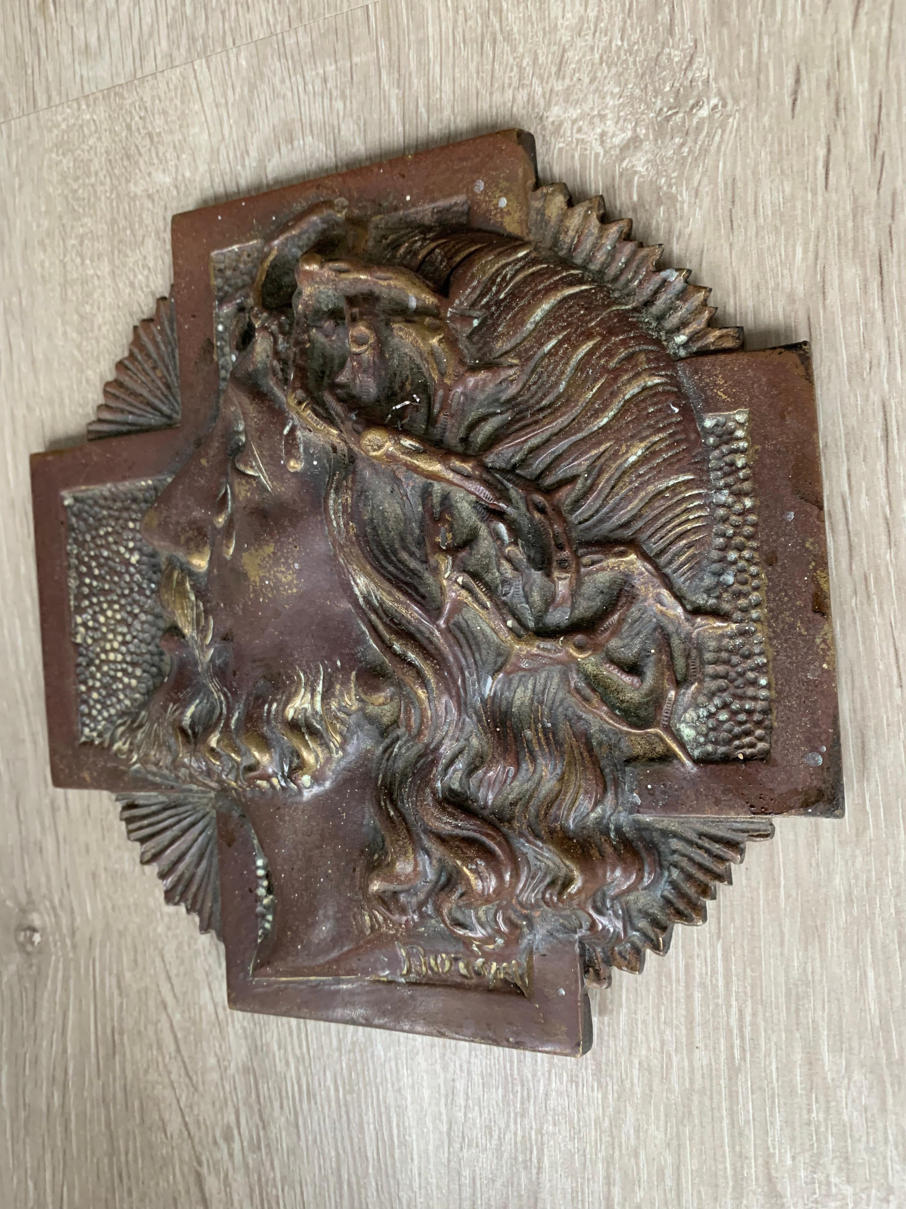 Rare & Signed Sylvain Norga Religious Bronze Plaque of Suffering Christ in Tears In Excellent Condition In Lisse, NL