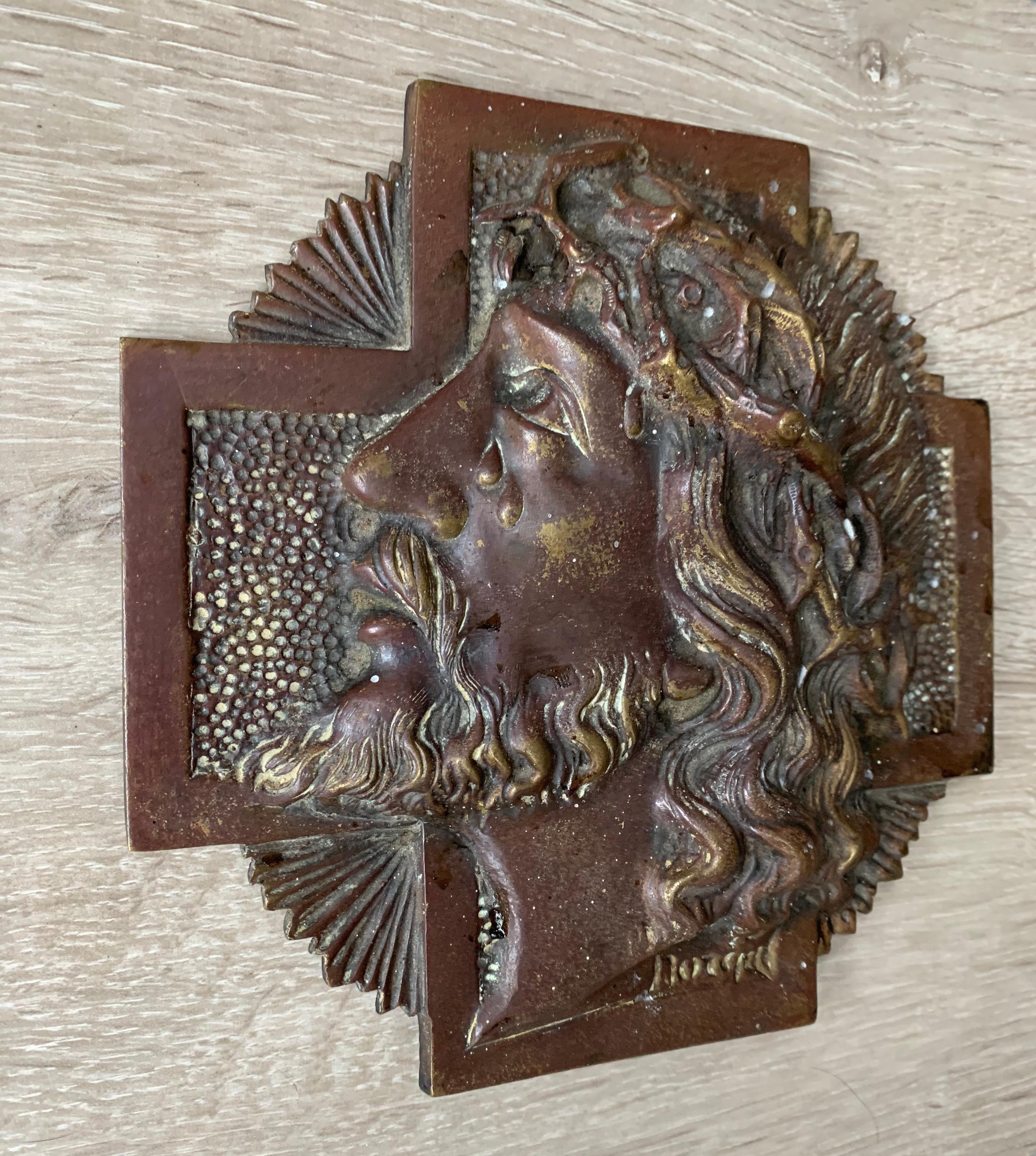 20th Century Rare & Signed Sylvain Norga Religious Bronze Plaque of Suffering Christ in Tears