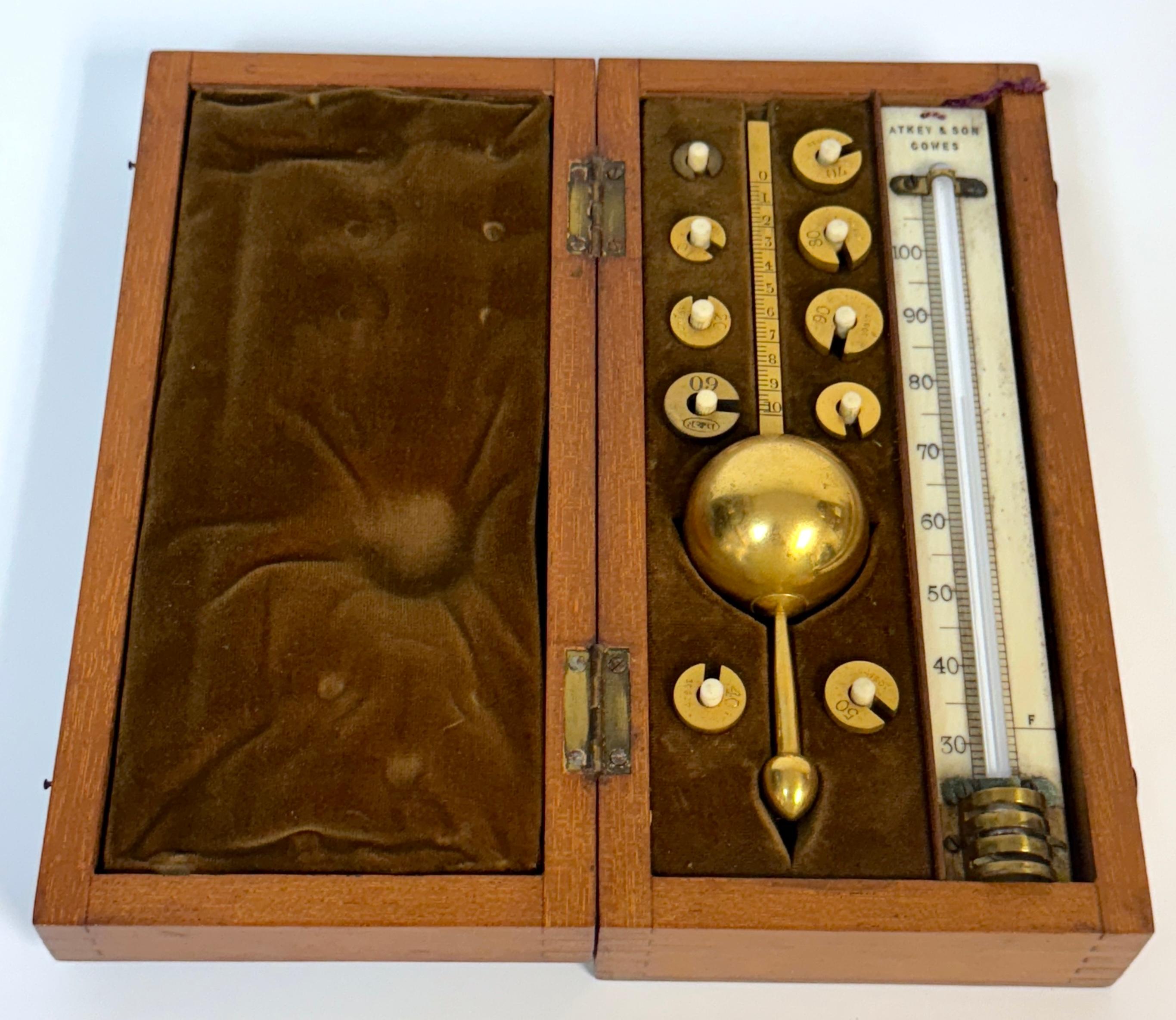 Sikes’ Hydrometer Set by Atkey & Son, Cowes, Circa 1830

A superb and complete 19th-century Sikes’ hydrometer set, by Atkey & Son of Cowes, a noted English maker of fine scientific instruments. Elegantly housed in a dovetail-joined wood case with an