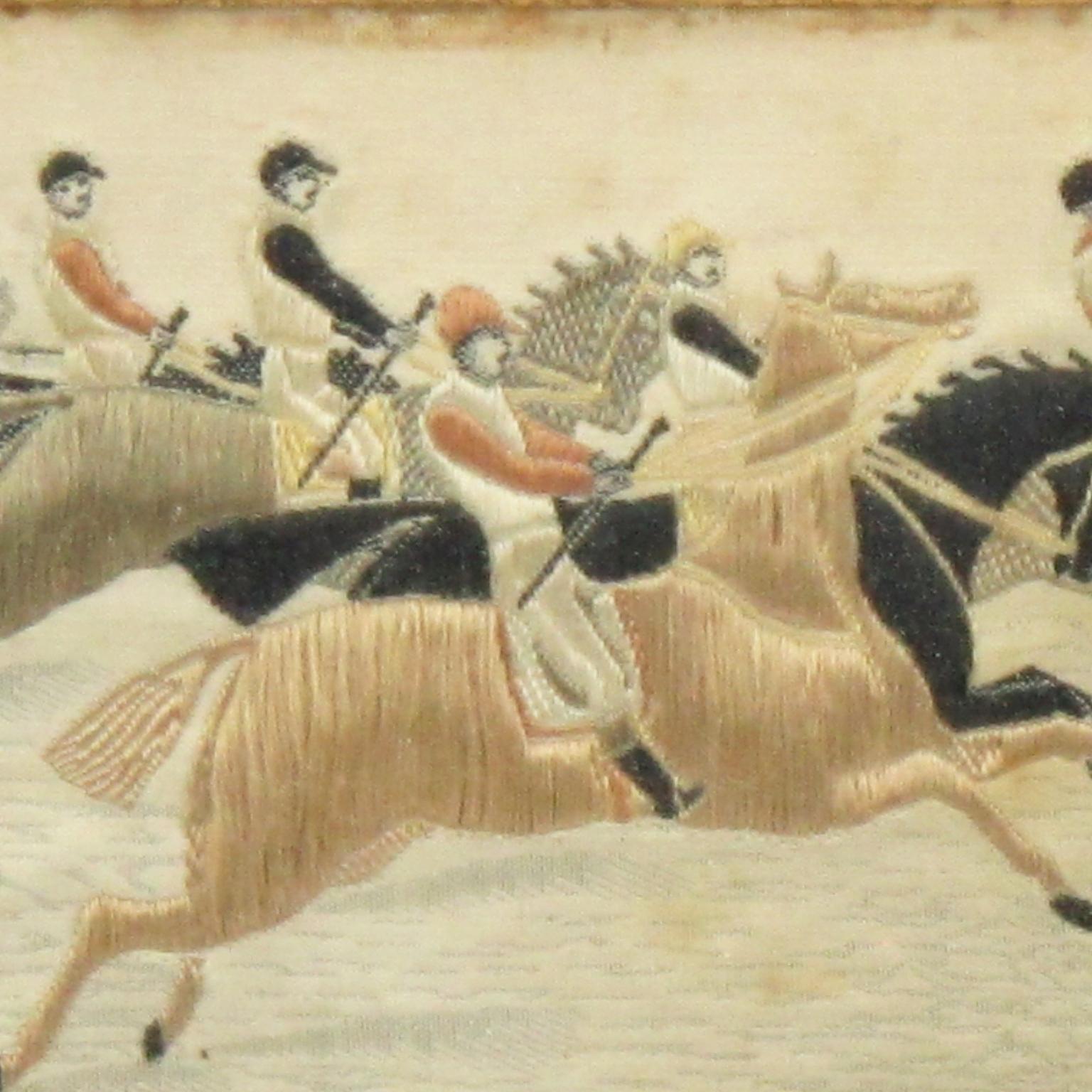 Embroidered Napoleon III Silk Embroidery Artwork with Horse Race Scene, circa 1880 For Sale