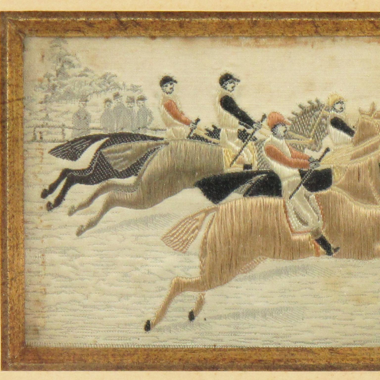 19th Century Napoleon III Silk Embroidery Artwork with Horse Race Scene, circa 1880 For Sale