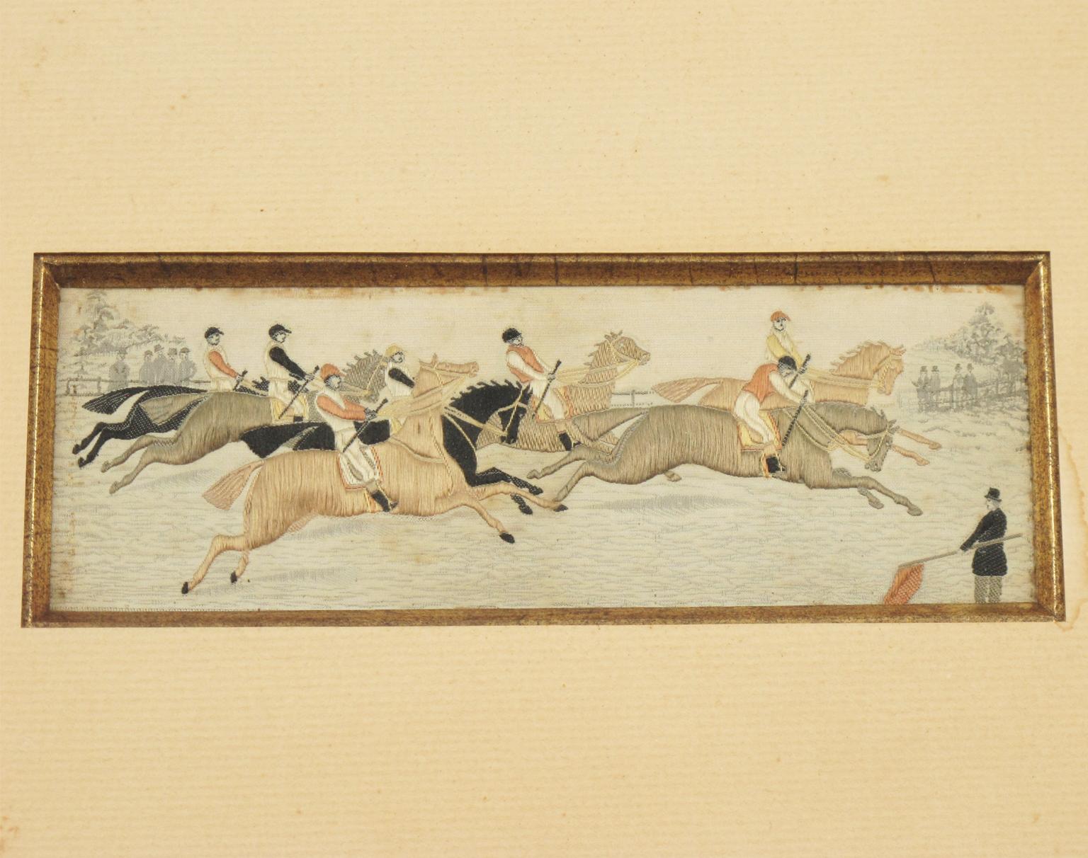 Napoleon III Silk Embroidery Artwork with Horse Race Scene, circa 1880 For Sale 1